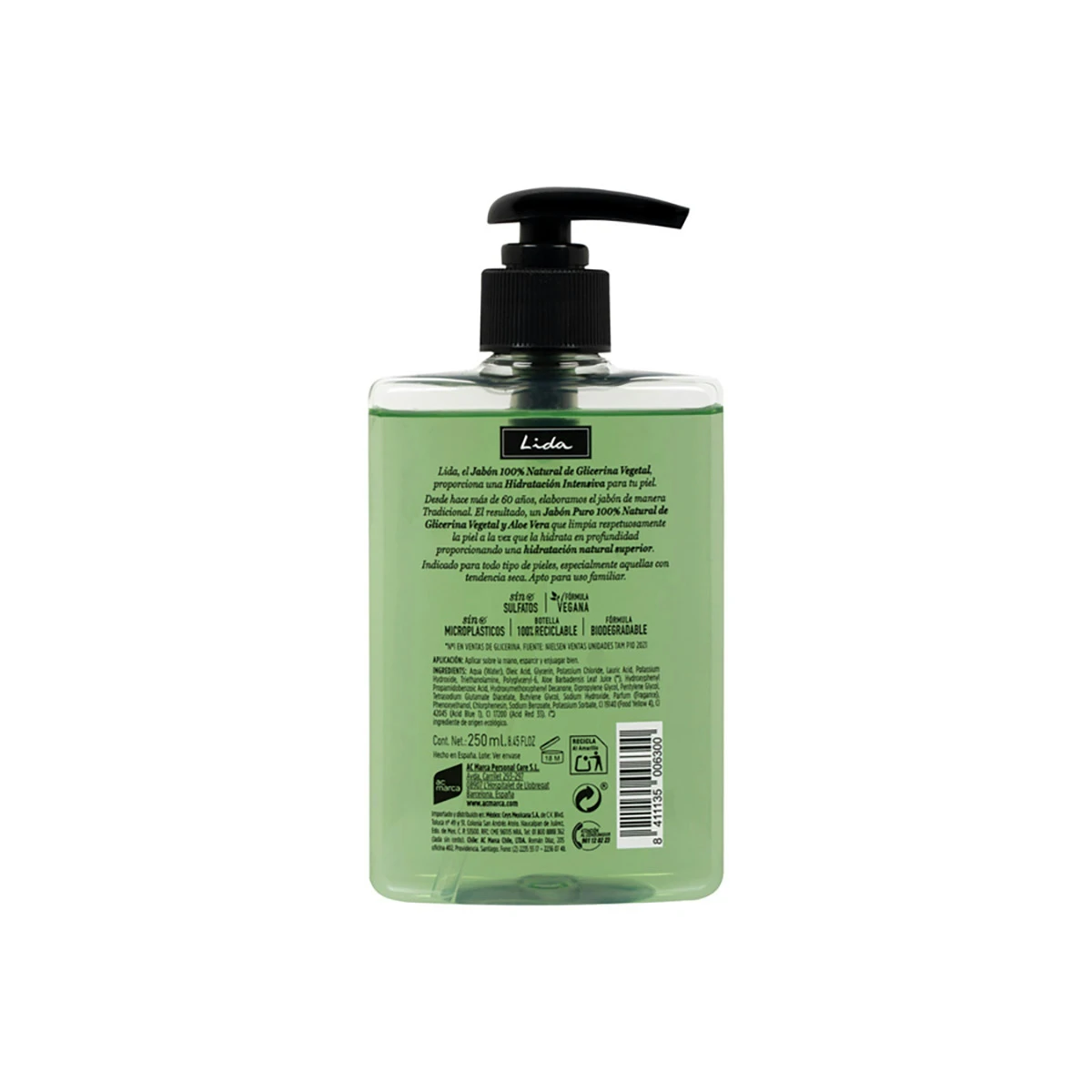 Jabón De Manos Lida 100% De Glicerina Y Aloe Vera 250Ml