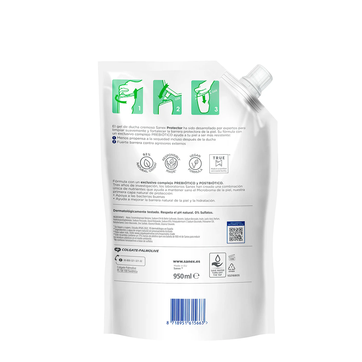 Gel De Banho Recarga Cuidado Experto Protetor Sanex 950Ml