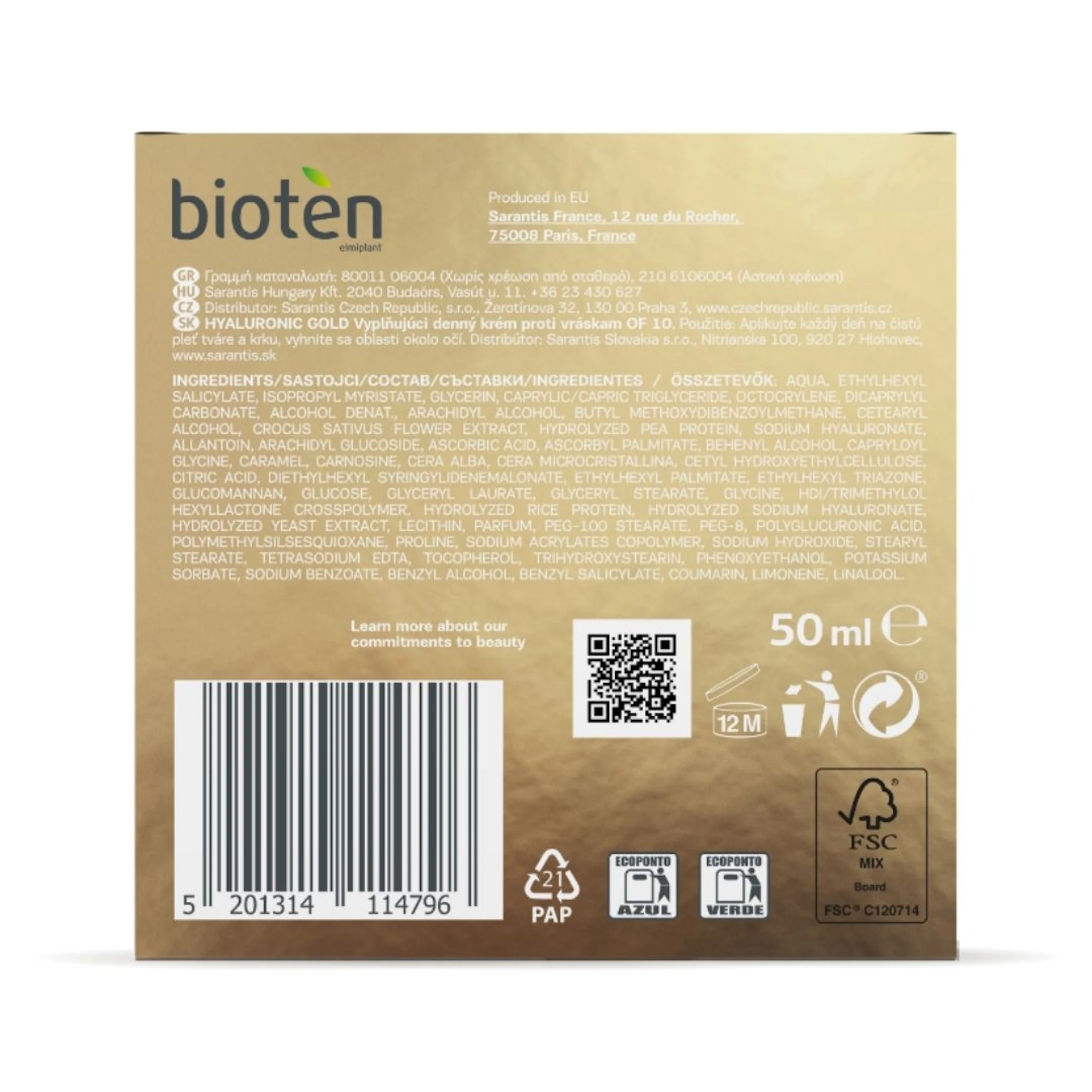 Creme De Dia Hyaluronic Gold Bioten 50Ml