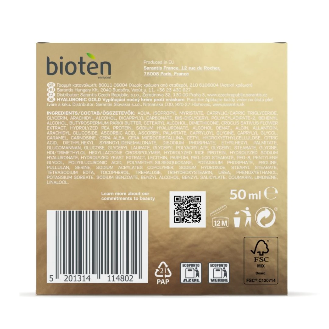 Crema De Noche Hyaluronic Gold Bioten 50Ml