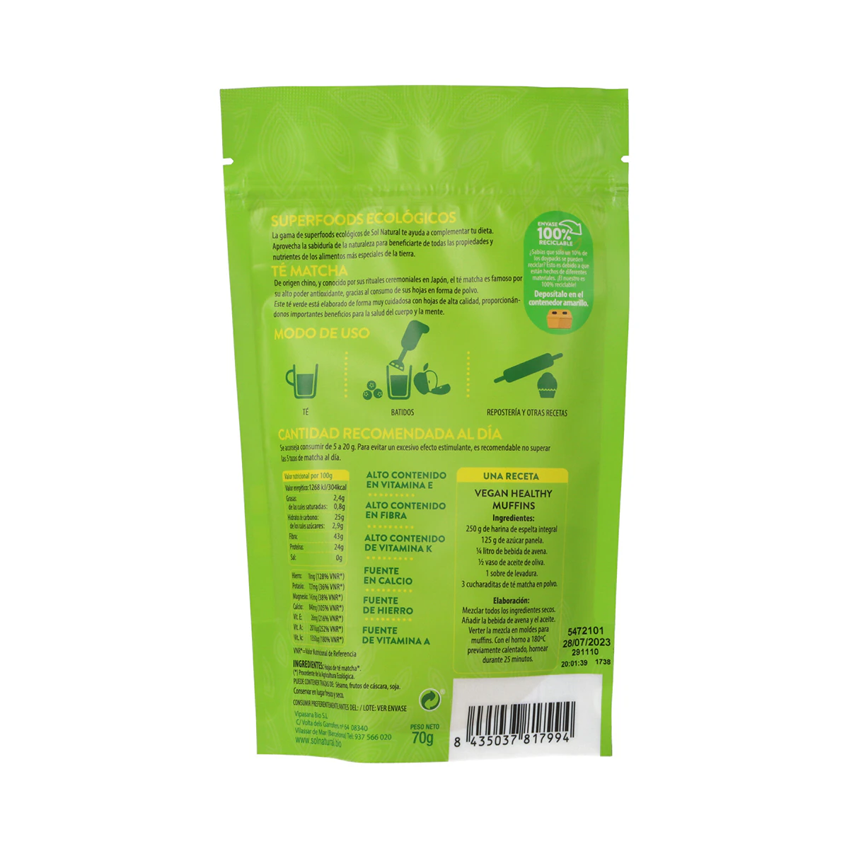 Matcha En Polvo Bio Sol Natural 70 Gr