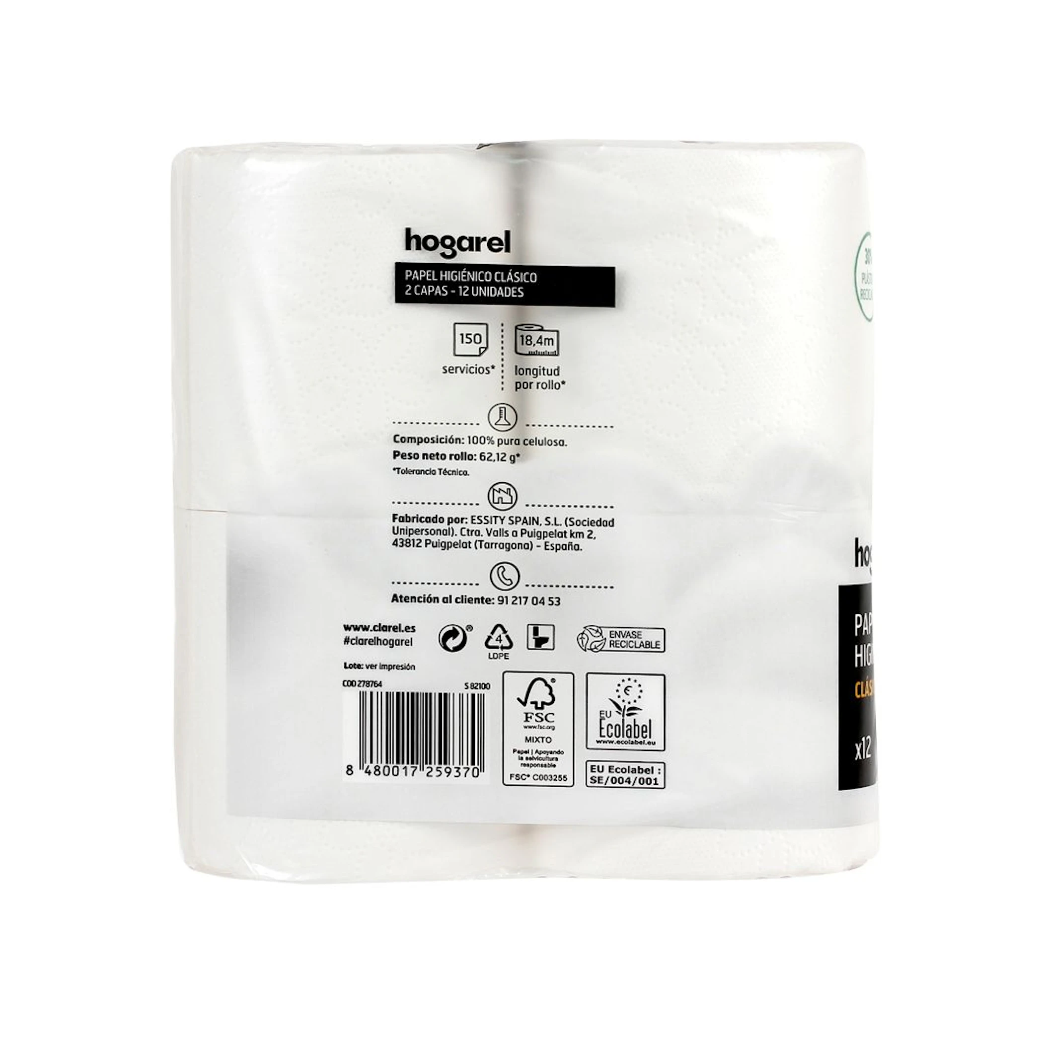 Papel Higiénico Clásico 2 Capas Hogarel 12 Uds