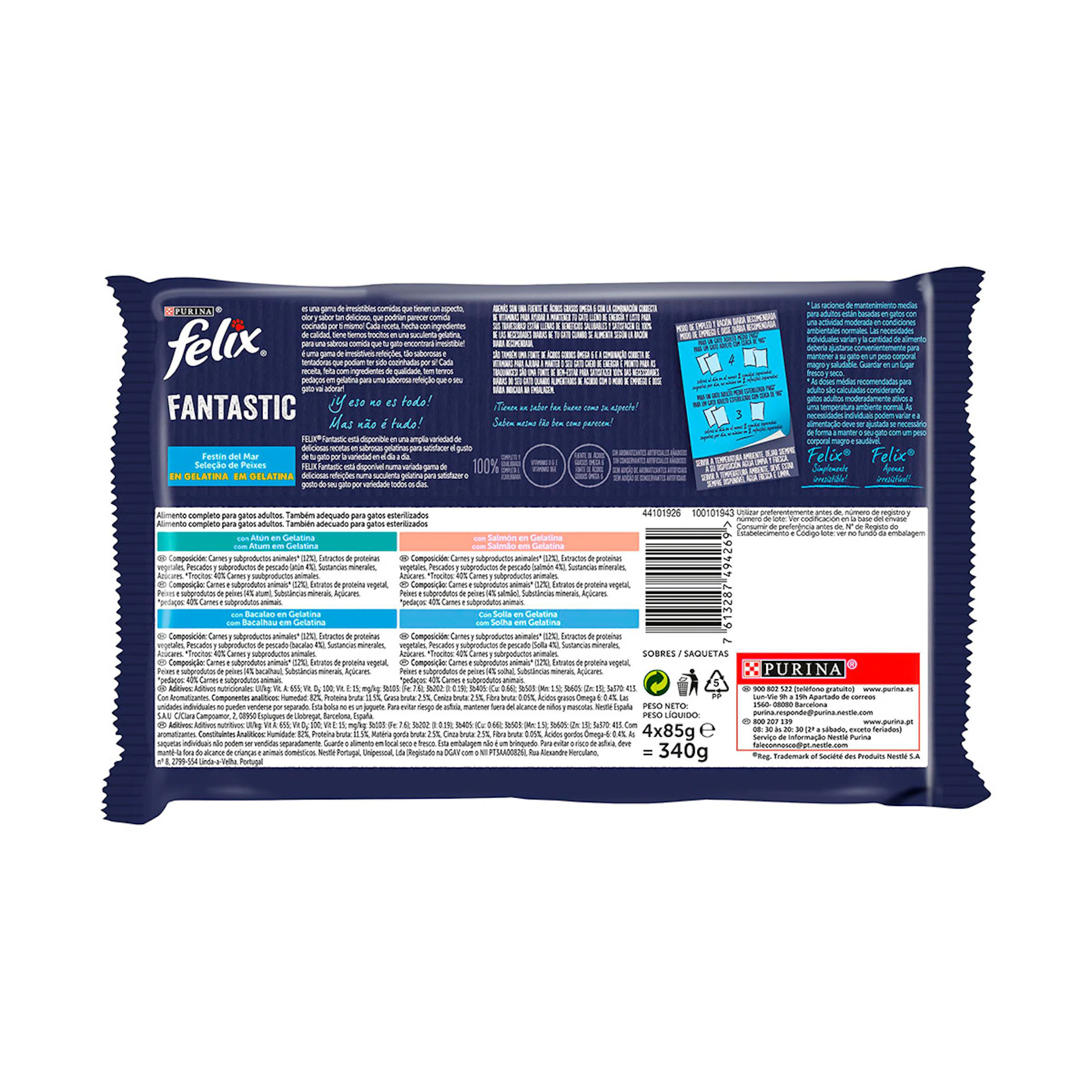 Comida Húmeda Gatos Festín Del Mar Gelatina Felix Fantastic Pack 4x48G