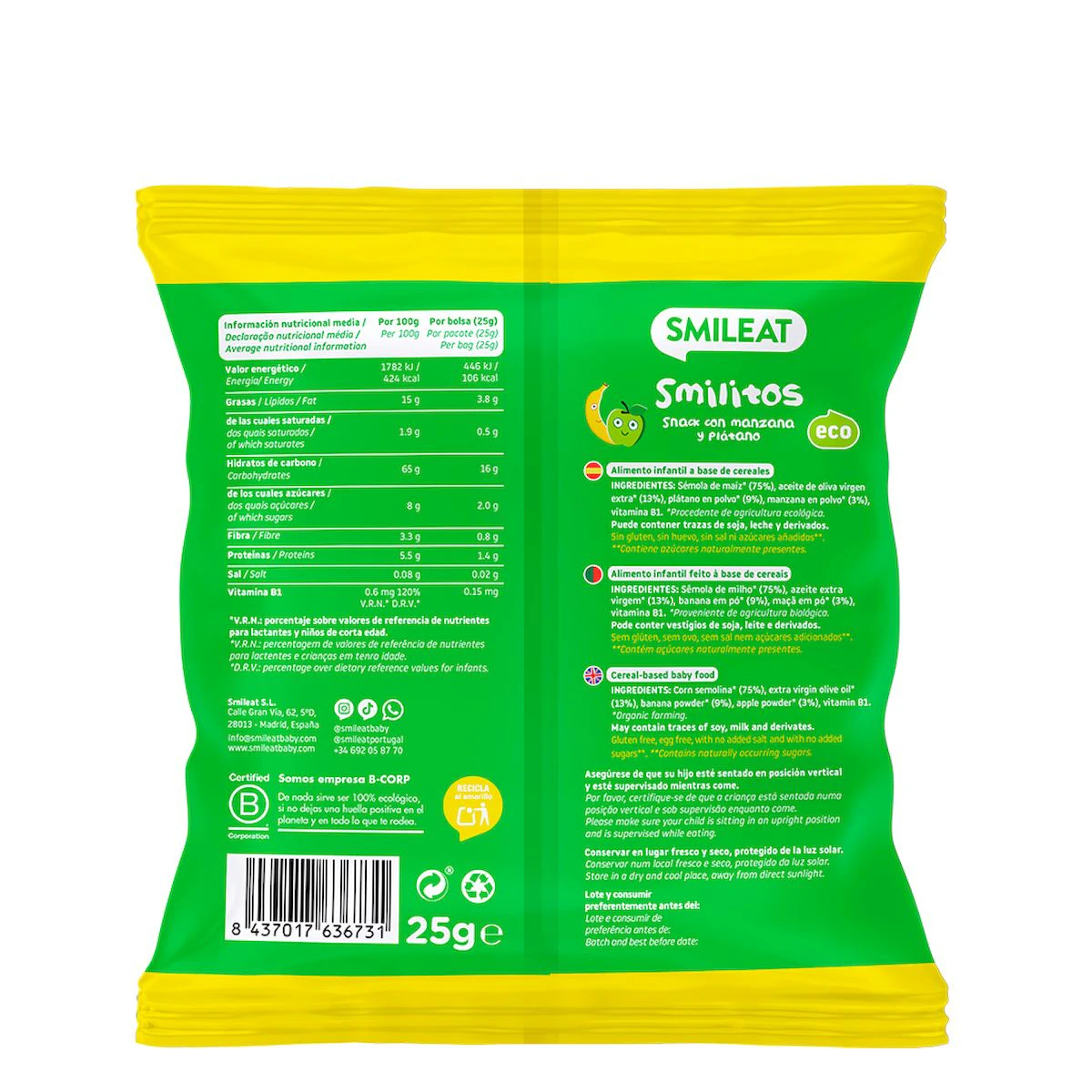 Snack Smilitos Maçã E Banana Smileat 25Gr