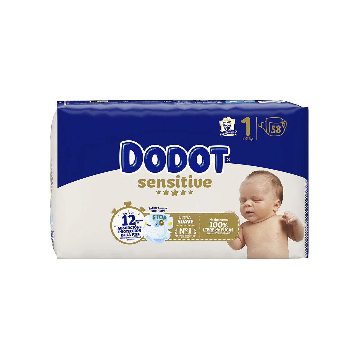 Pañales Sensitive Talla 1 (2-5 Kg) Dodot 58 Uds