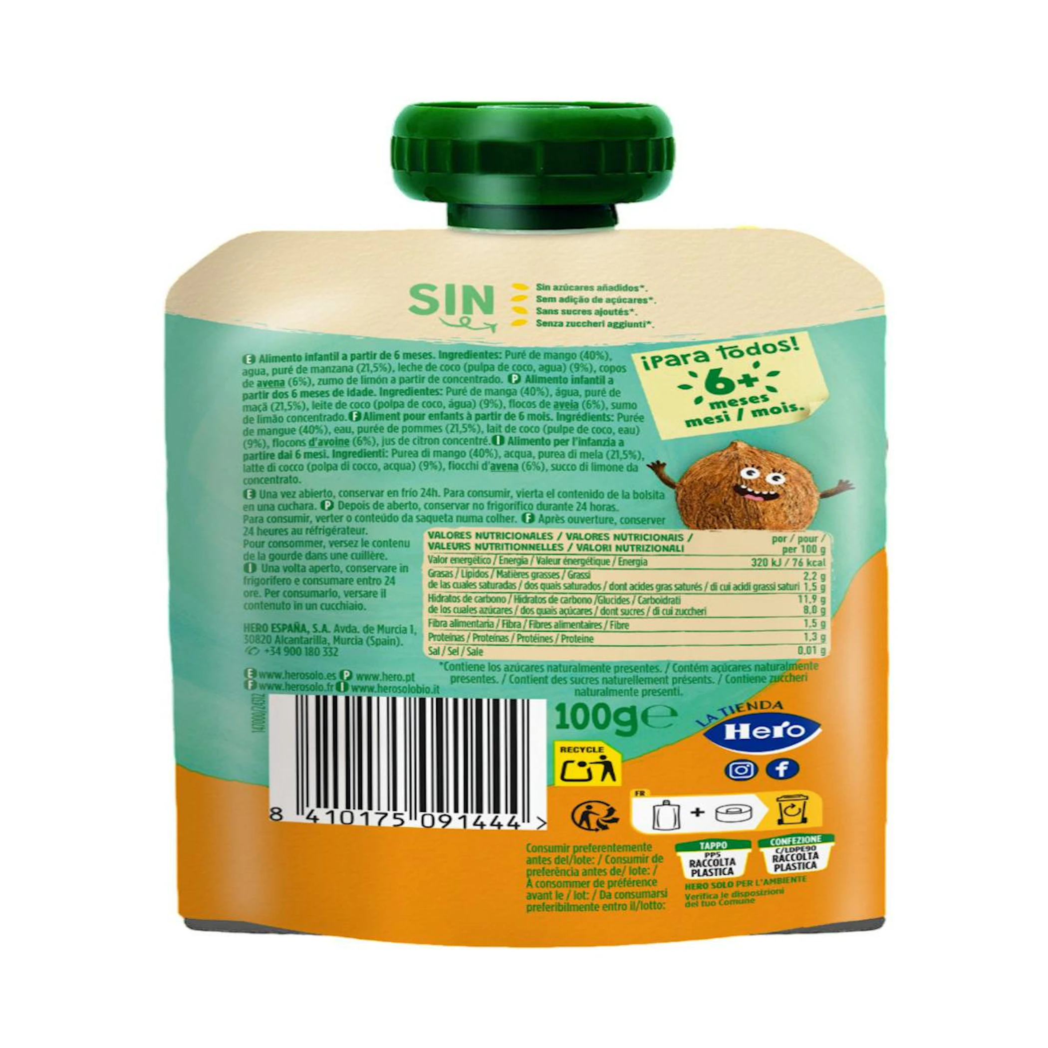 Saqueta Manga, Maçã, Coco E Aveia Hero 100Gr
