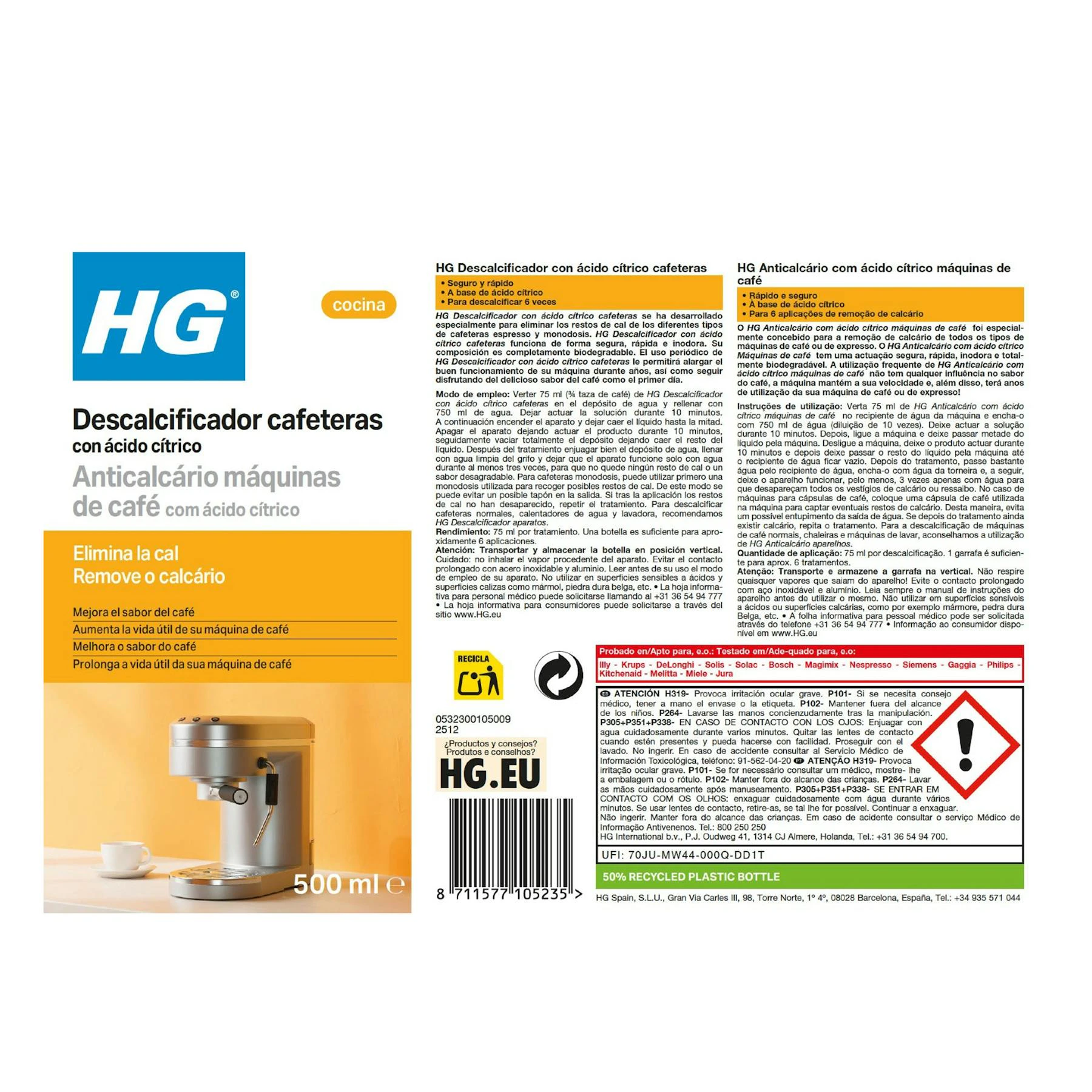 Descalcificador Cafeteras Con Ácido Cítrico HG 500Ml