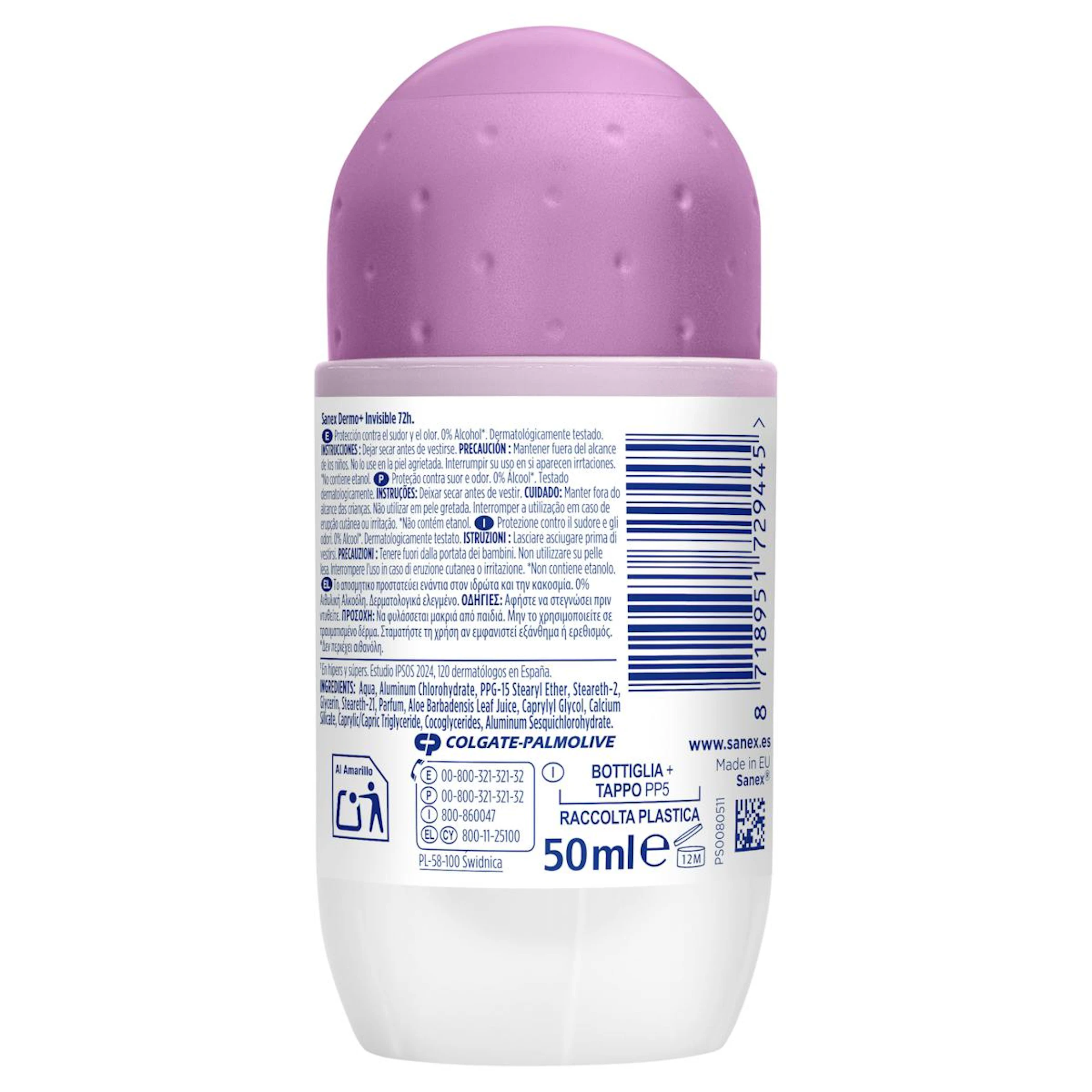 Desodorante Roll-On Dermo+ Invisible 72H Antitranspirante Sanex 50Ml