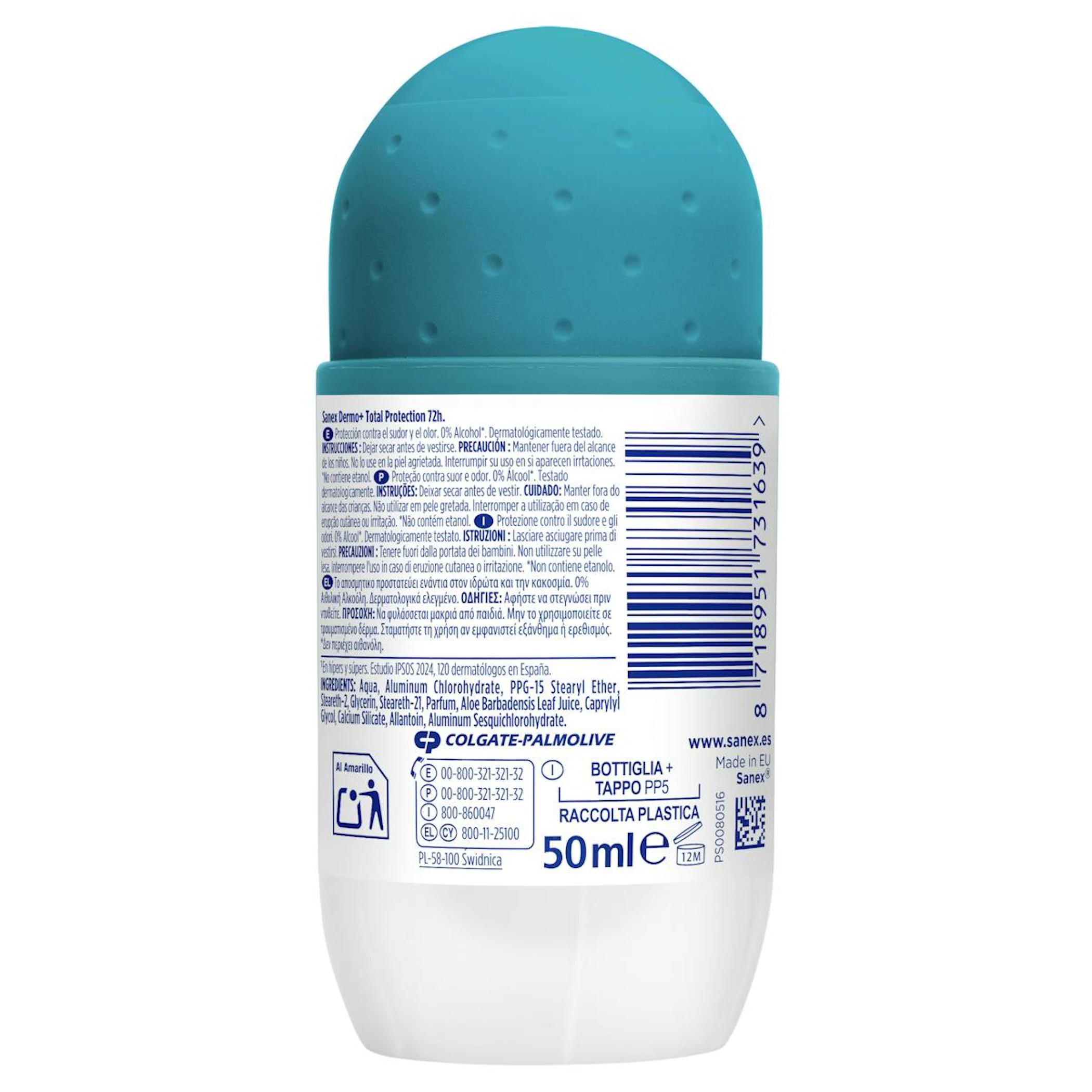 Desodorizante Roll-On Dermo+ Total Protection 72H Antitranspirante Sanex 50Ml