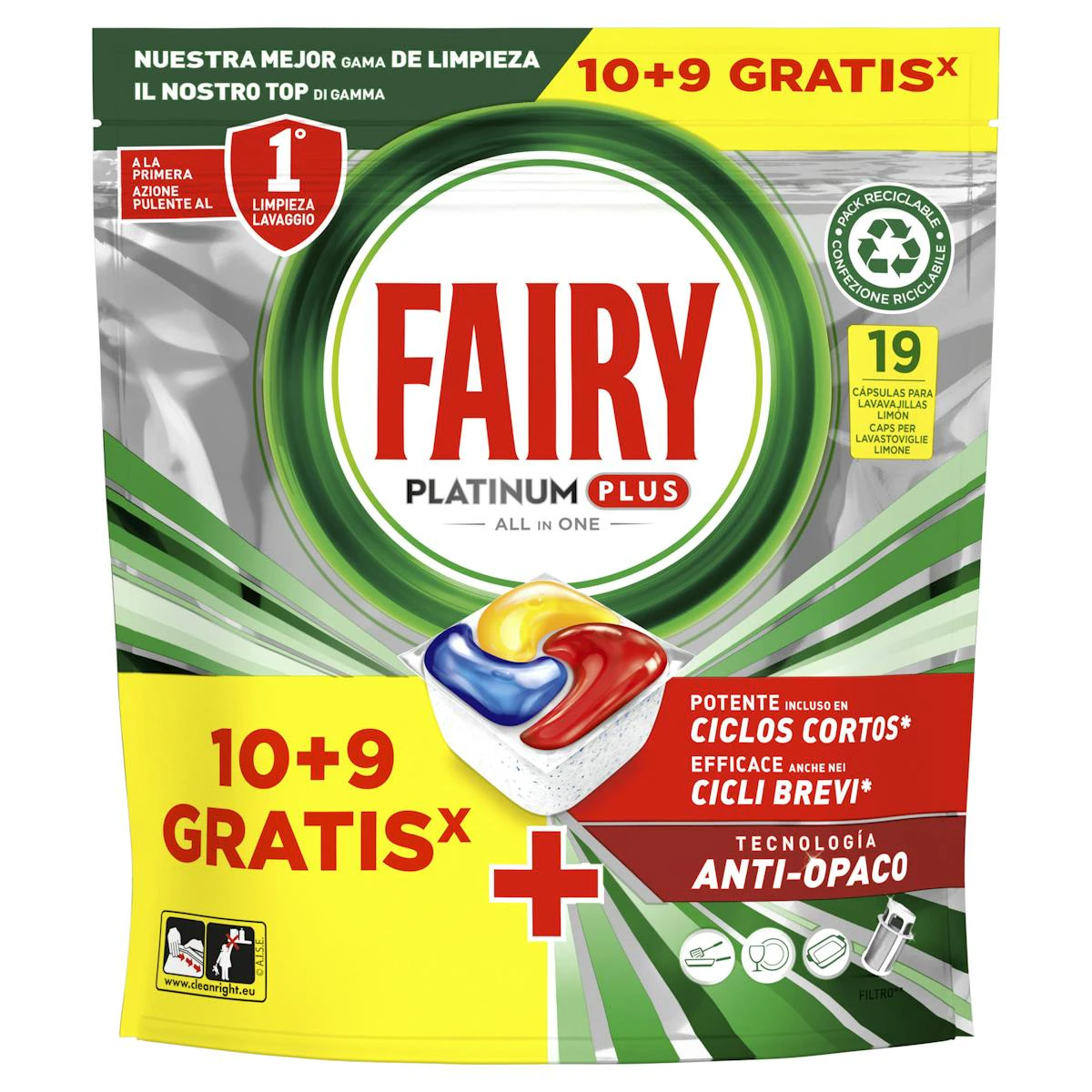 Lavavajillas En Cápsulas Todo En Uno Fairy Platinum Plus 10+9 Uds