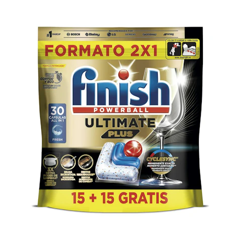 Detergente Lavavajillas Todo En Uno Finish Ultimate Plus 15+15 Cápsulas