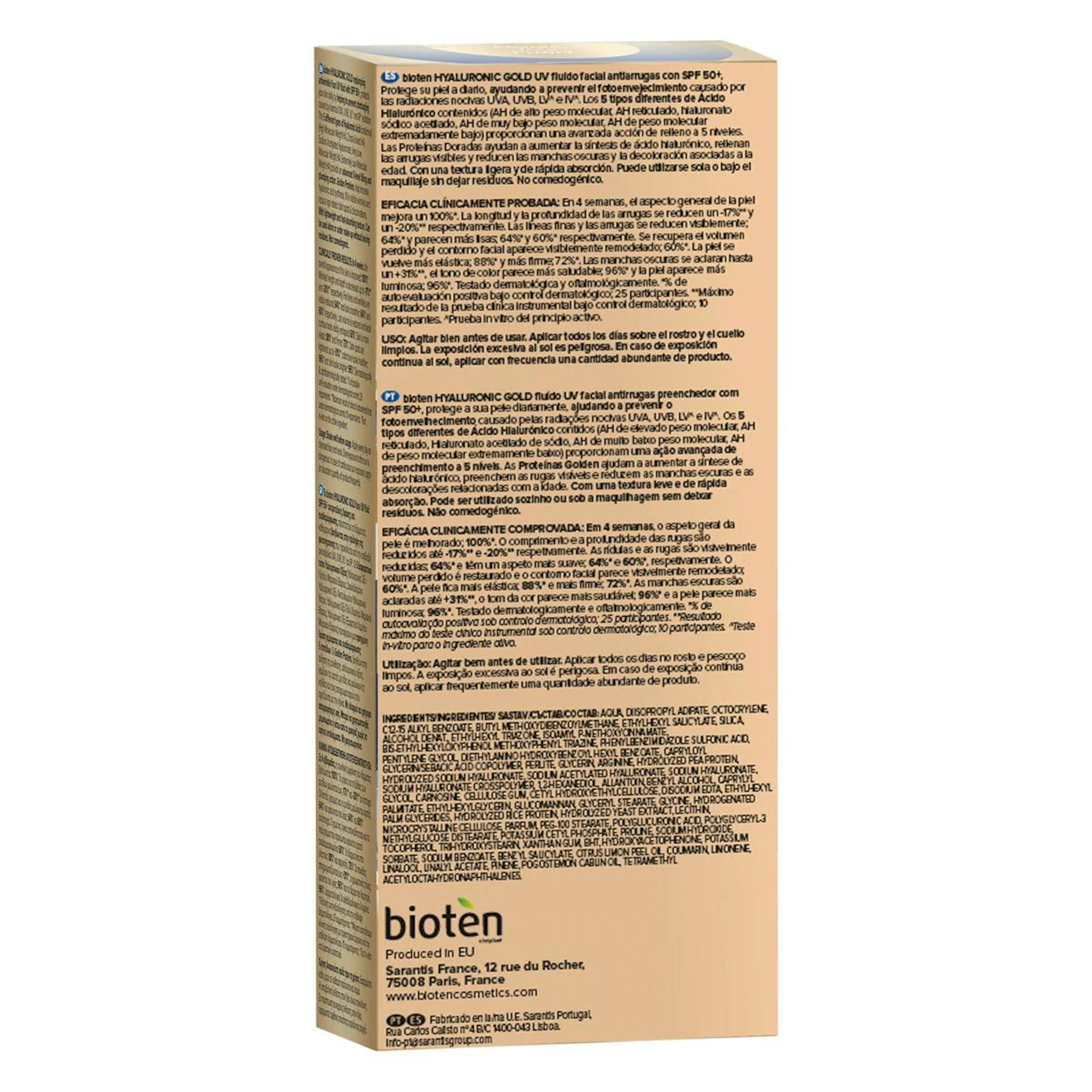 Fluido UV Facial Hyaluronic Gold SPF 50 Bioten 50Ml
