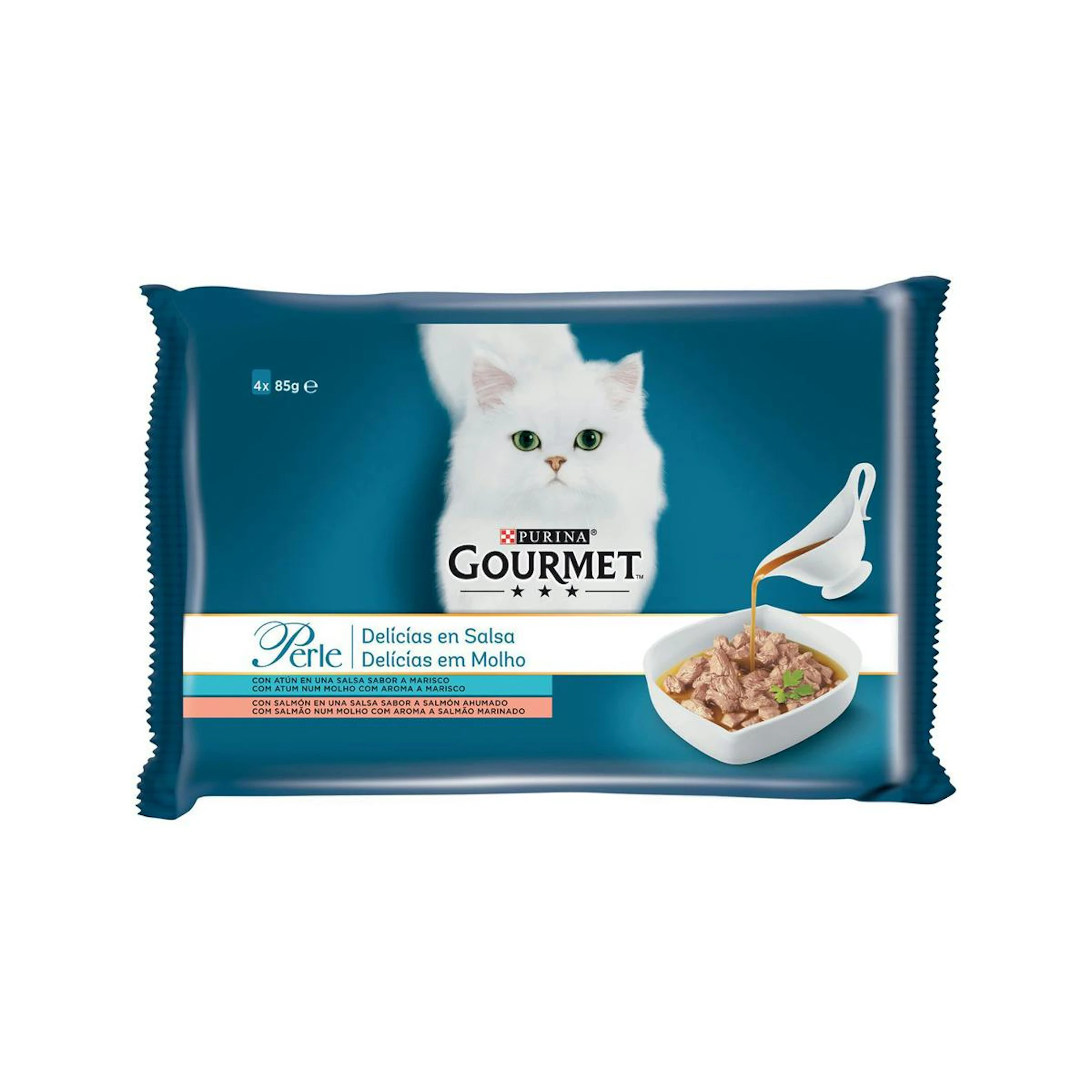 Comida Húmeda Gatos Delicias En Salsa Pescados Gourmet Perle Pack 4X85G 0