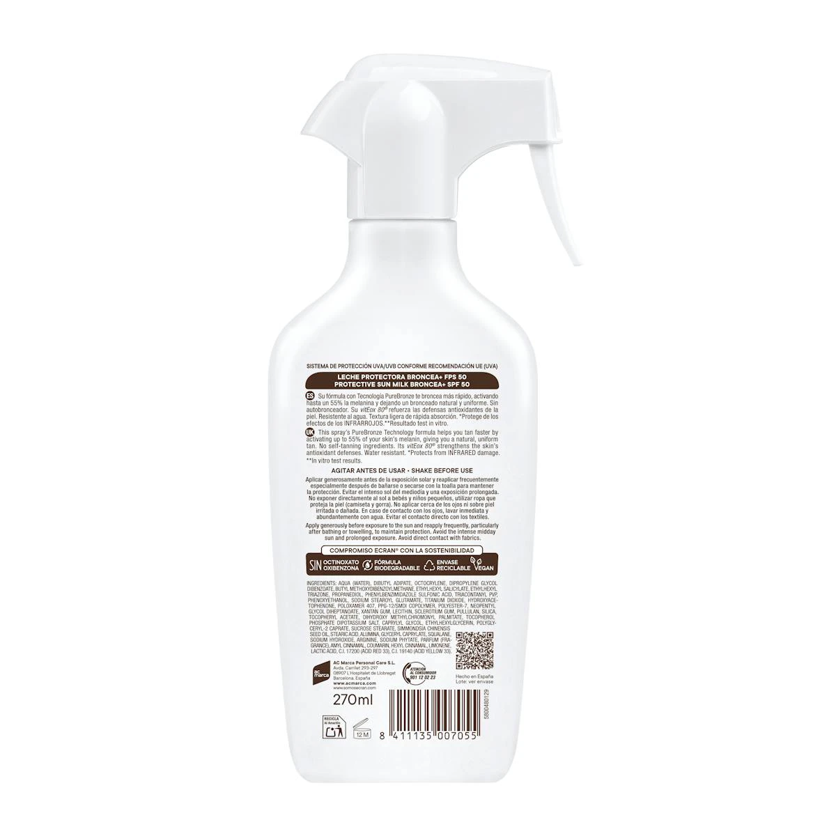 Leite Solar Spray Bronzea+ SPF 50 Ecran Sunnique 270Ml