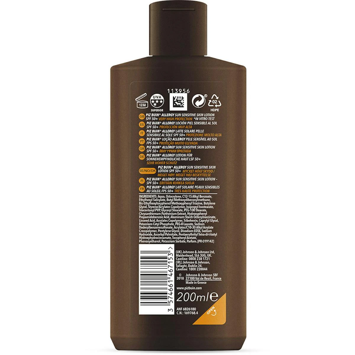 Loción Solar Allergy Sensitive SPF 50+ Piz Buin 200Ml