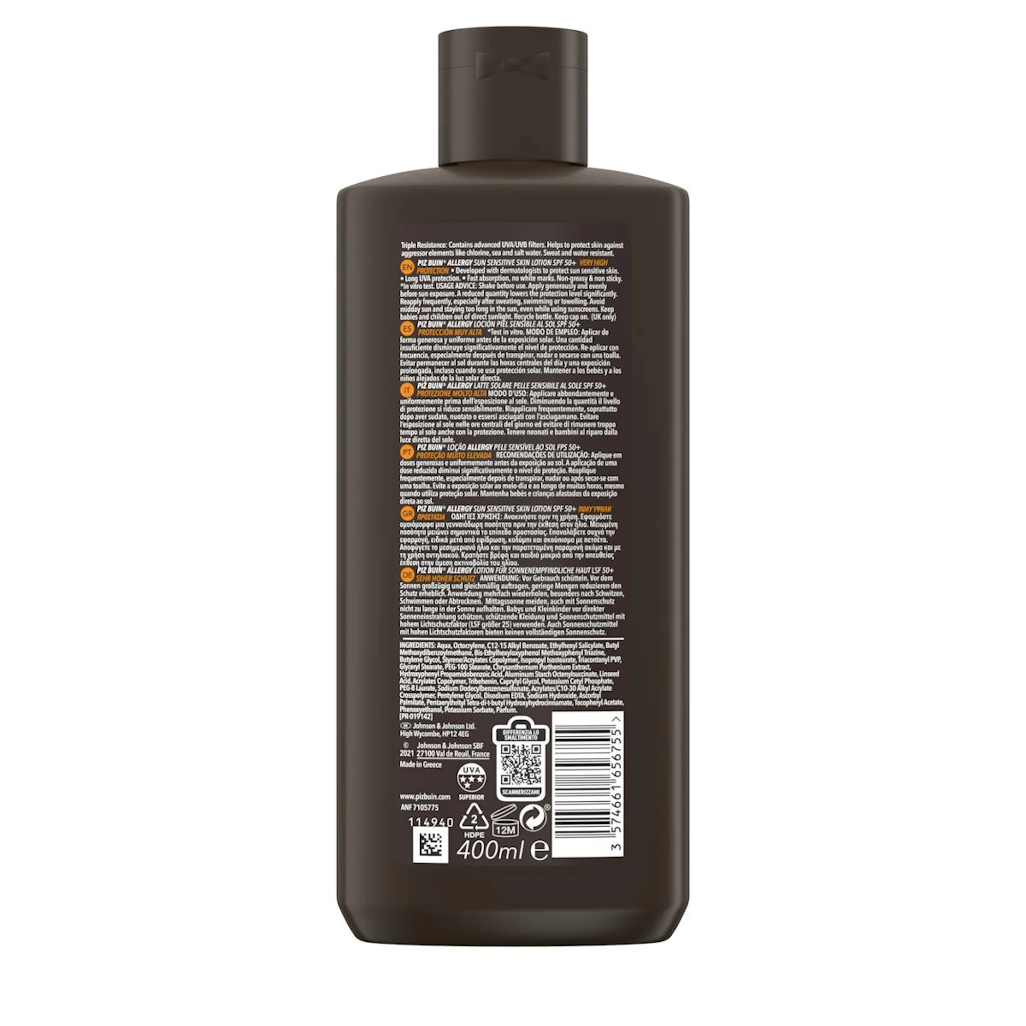Loción Solar Allergy Sensitive SPF 50+ Piz Buin 400Ml