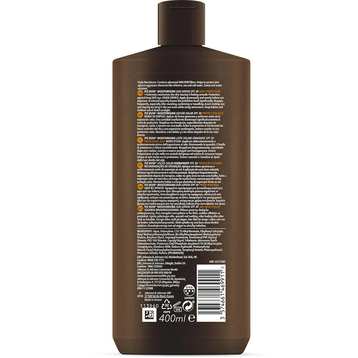 Loción Solar Hidratante SPF 30 Piz Buin 400Ml