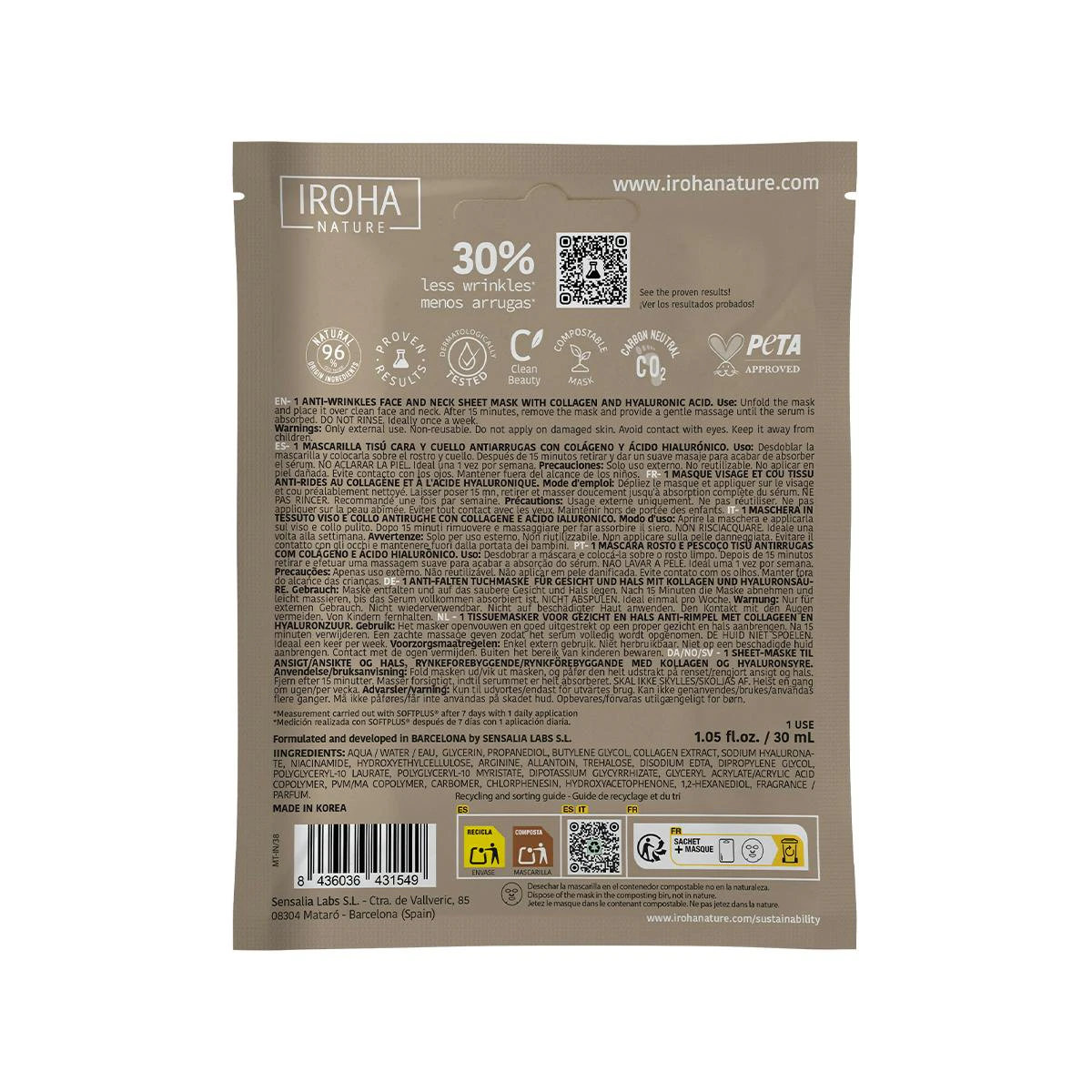 Mascarilla Antiarrugas Colágeno Y Ácido Hialurónico Iroha Nature