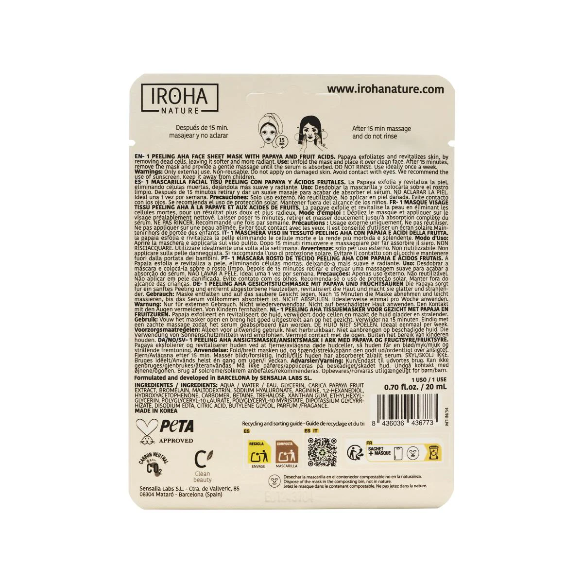 Mascarilla Facial Peeling AHA Papaya Iroha Nature