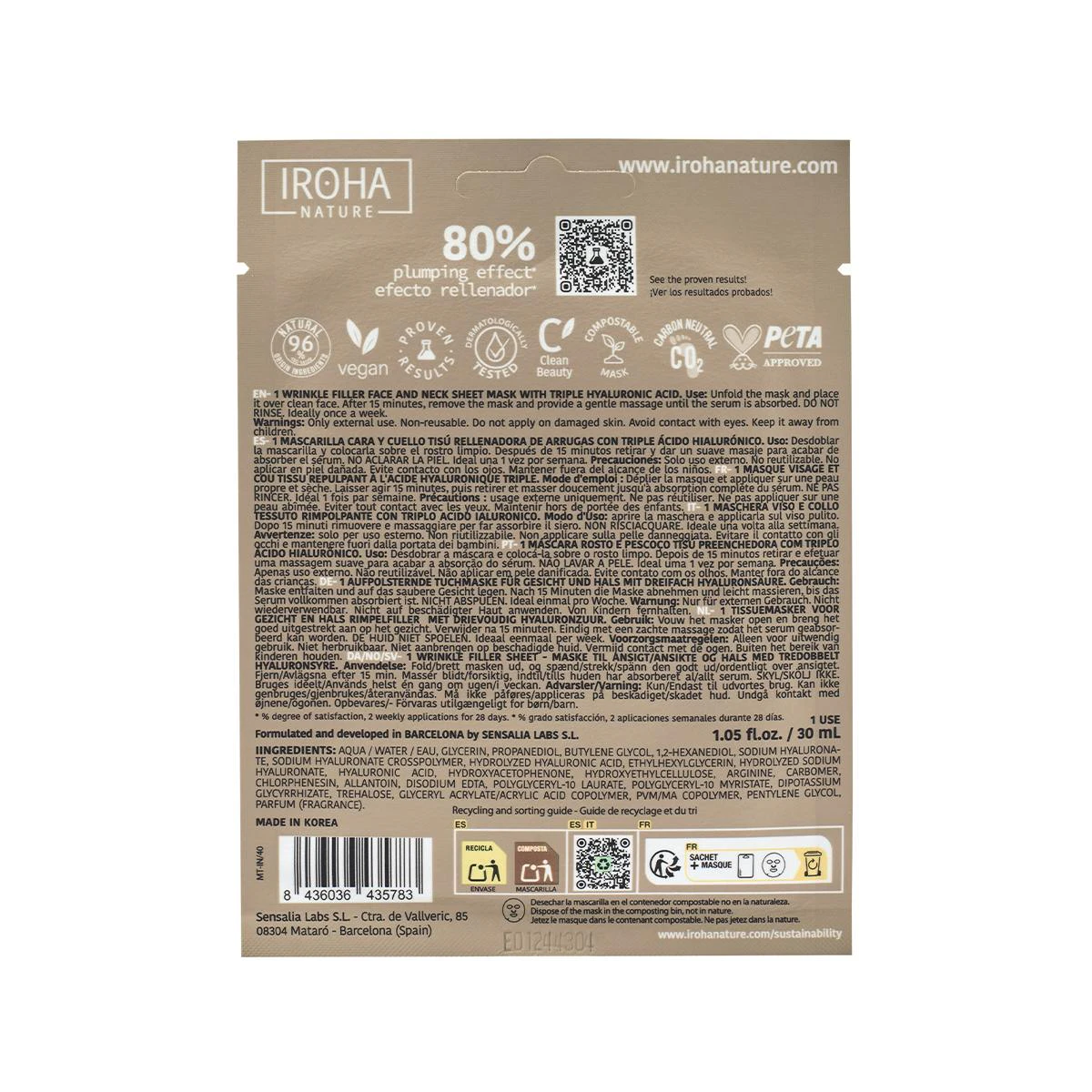Mascarilla Facial Rellenadora Triple Ácido Hialurónico Iroha Nature