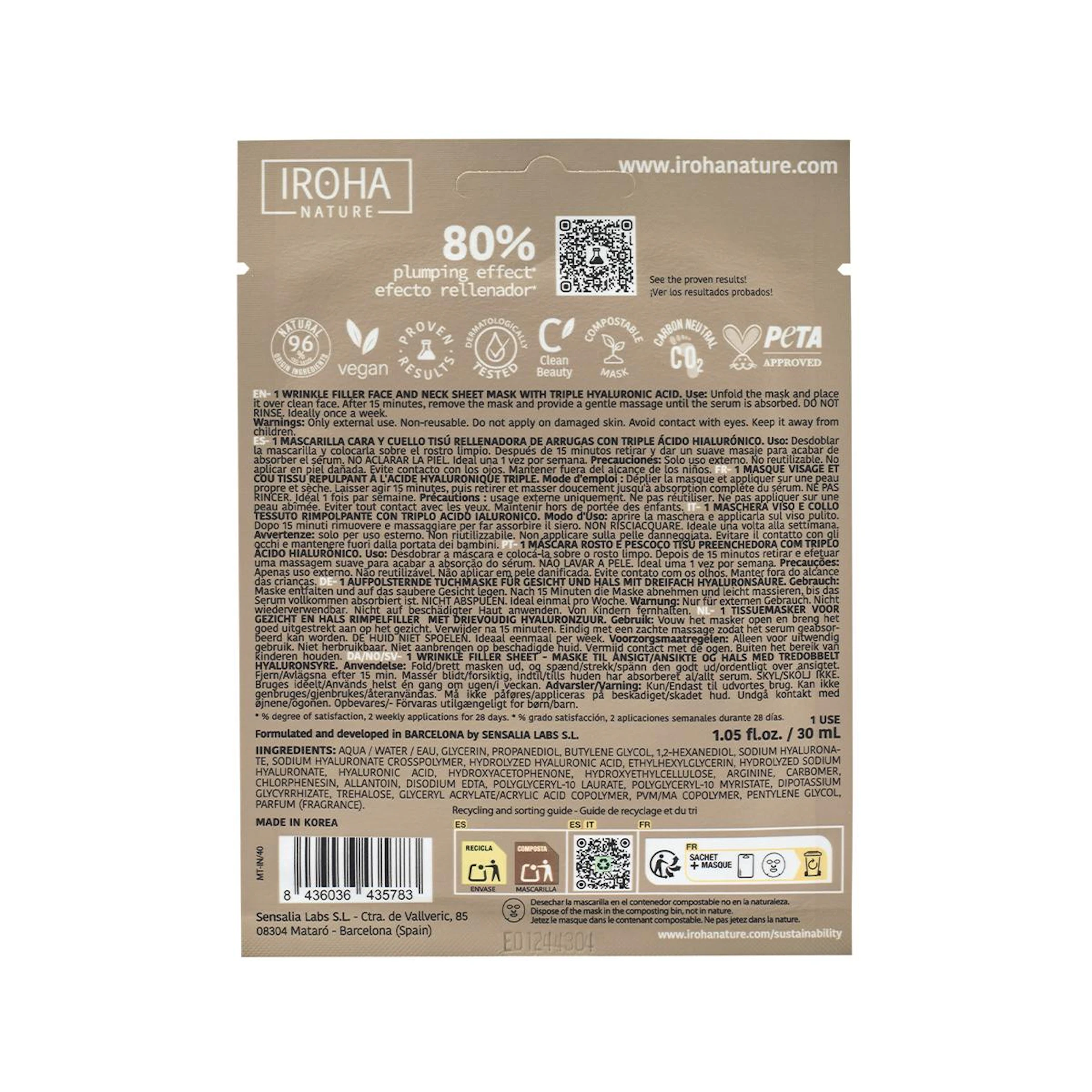 Mascarilla Facial Rellenadora Triple Ácido Hialurónico Iroha Nature