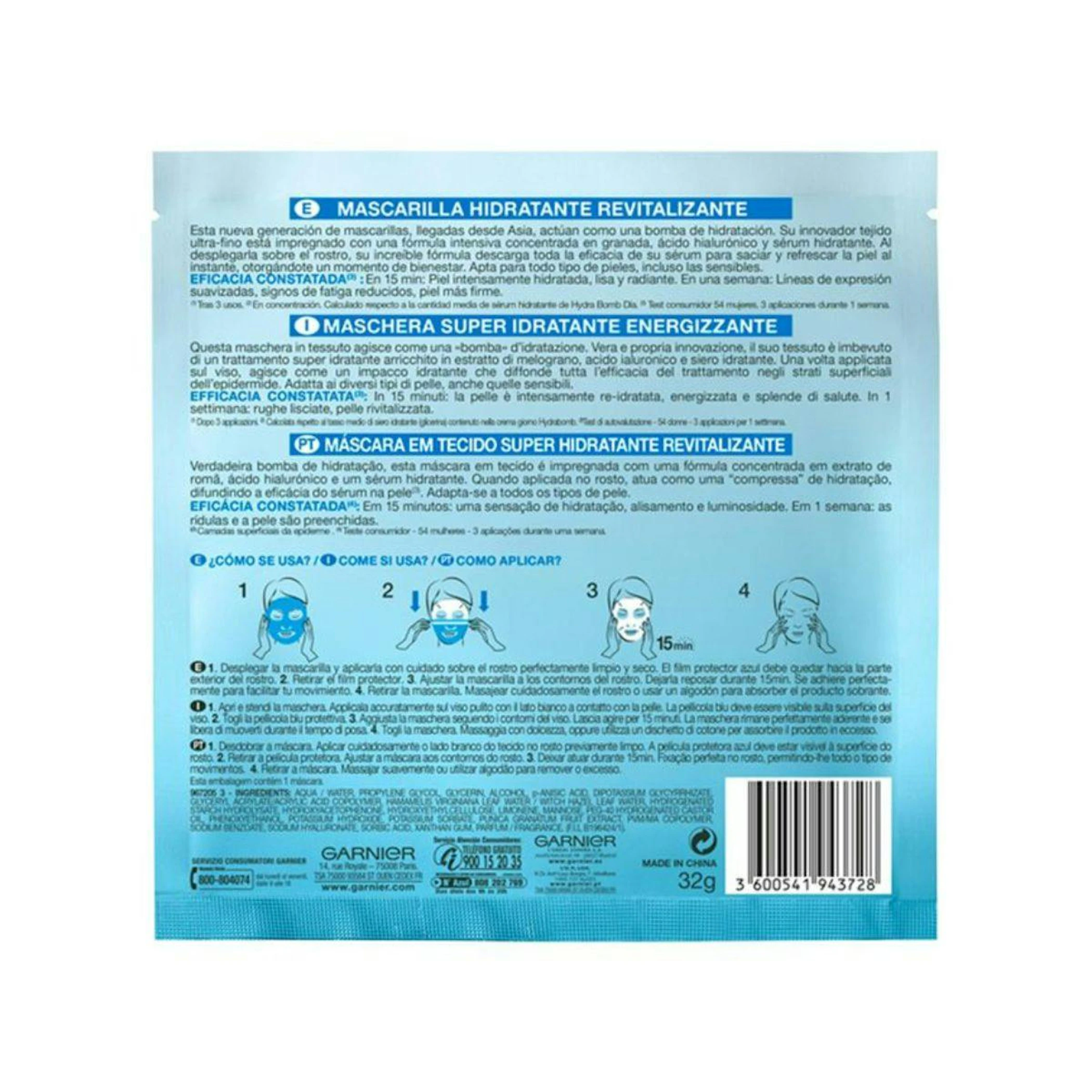 Mascarilla Tissu Revitalizante Hydra Bomb Granada Garnier