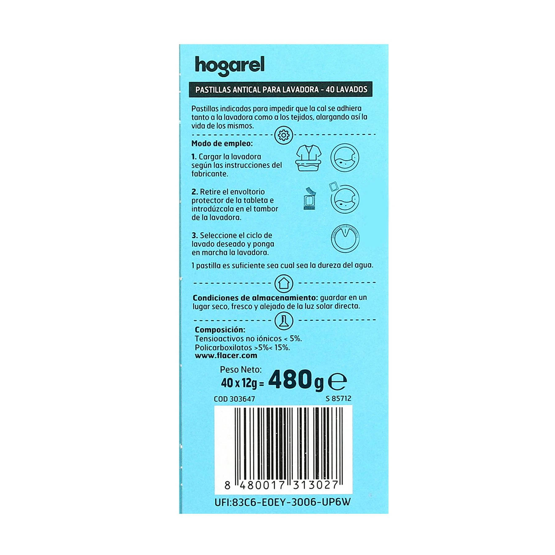Pastillas Antical Lavadora Hogarel 40 Uds