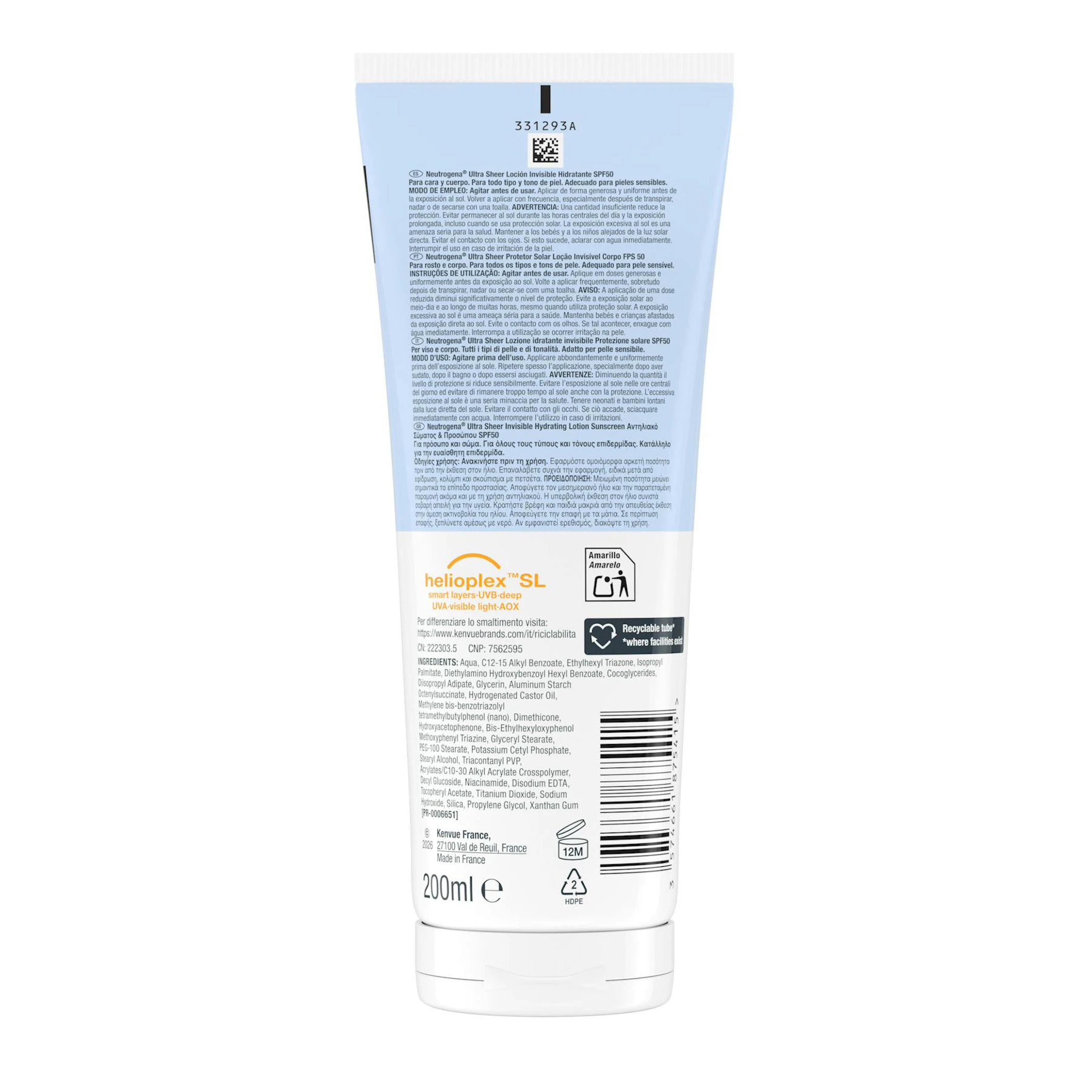 Protector Solar Corporal Ultra Sheer Invisible SPF50 Neutrogena 200Ml