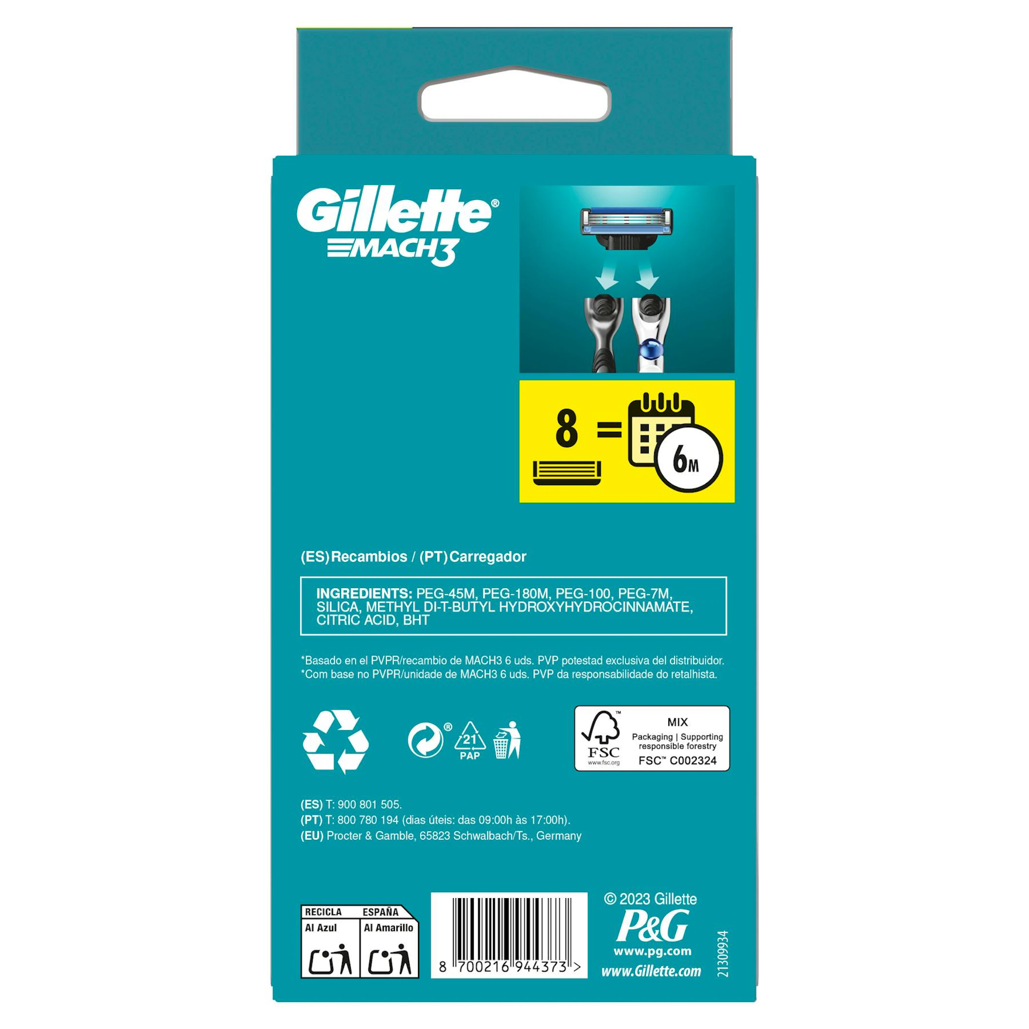 Recambios Máquina Mach 3 Gillette 7+1 Uds