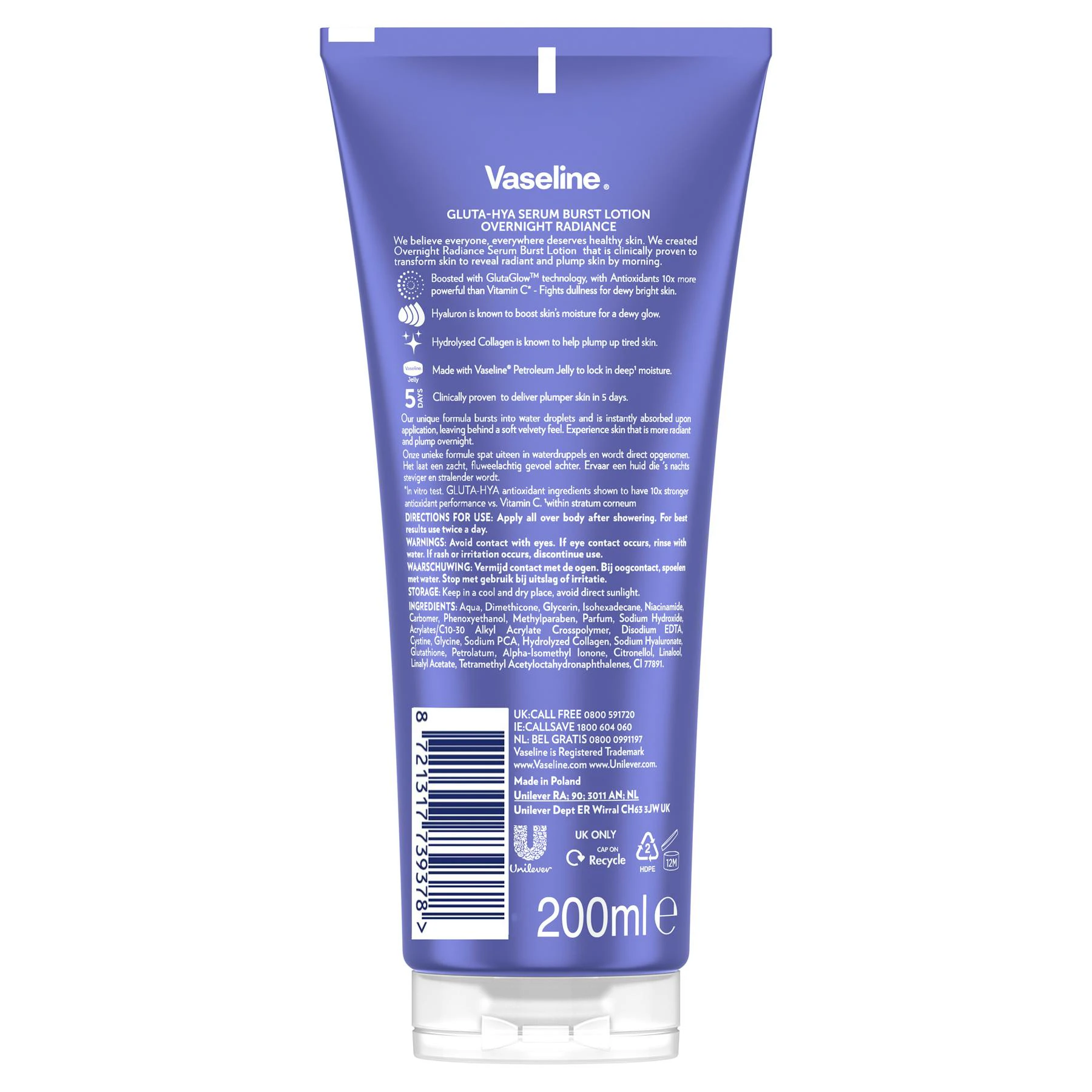 Sérum Corporal Gluta-HYA Overnight Radiance Vaseline 200Ml