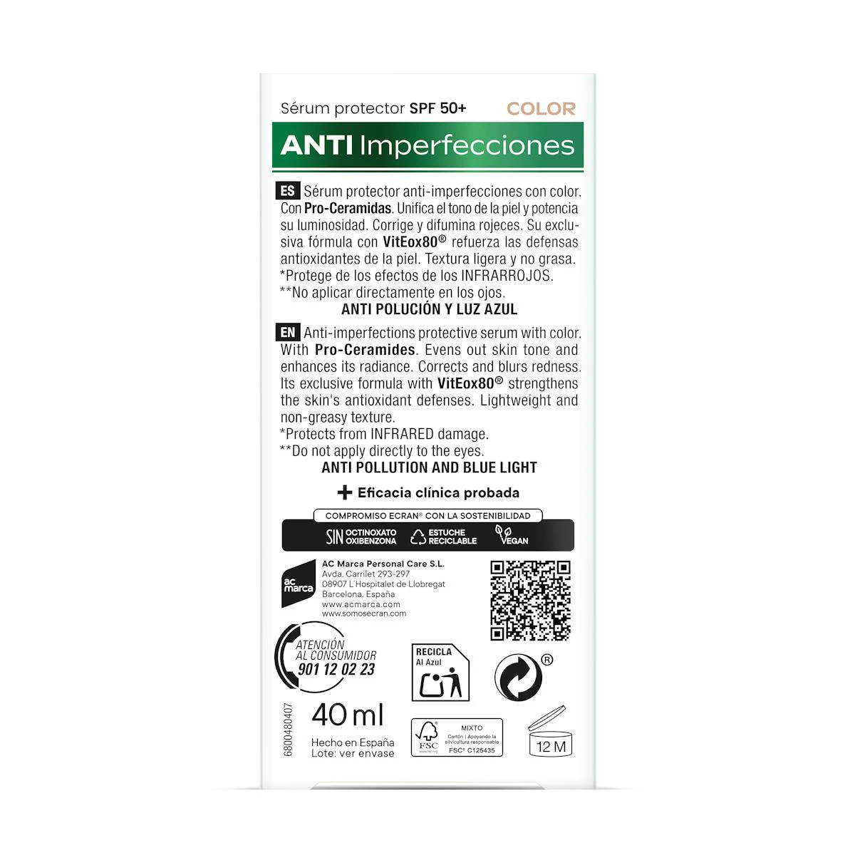 Sérum Solar Facial Con Color Anti-Imperfectiones SPF 50+ Ecran Sunnique 40Ml