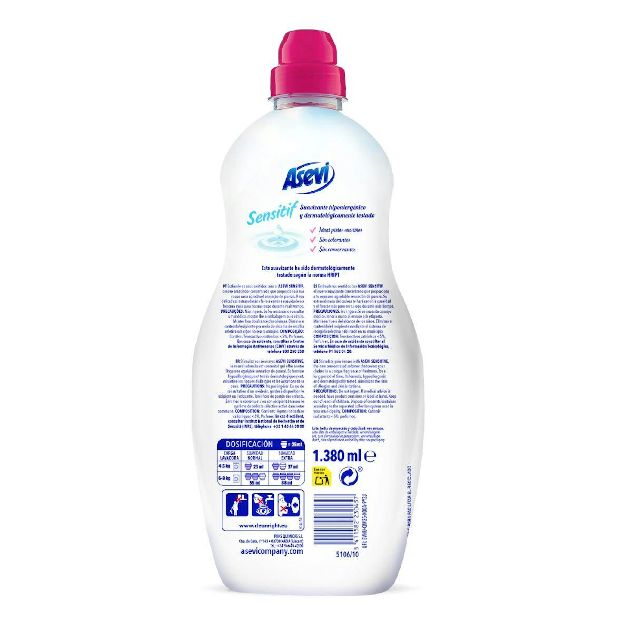 Suavizante Concentrado Sensitif Hipoalergénico Asevi 60 Lv