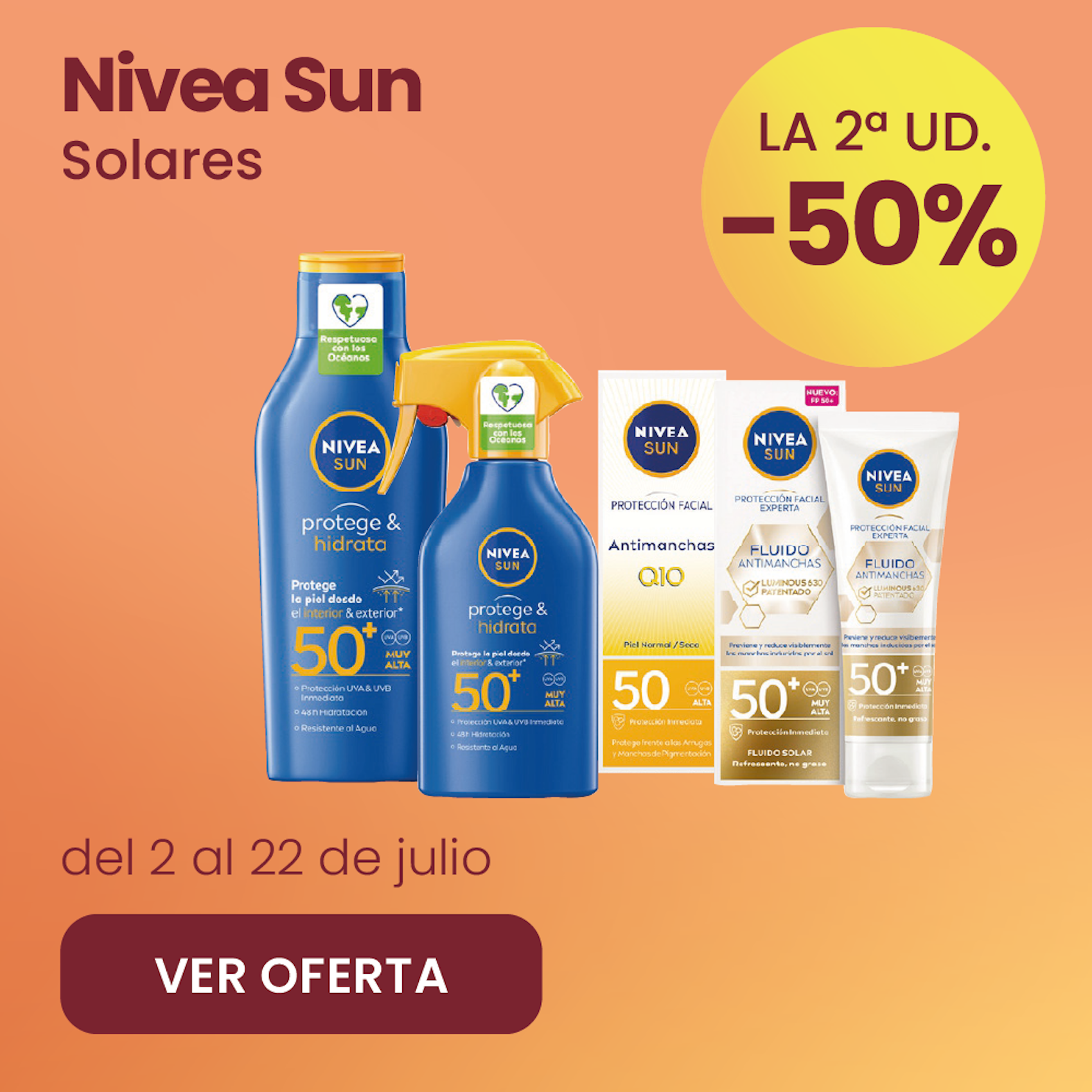 NIVEA SUN SOLARES TODA LA GAMA -50% la 2ª ud.