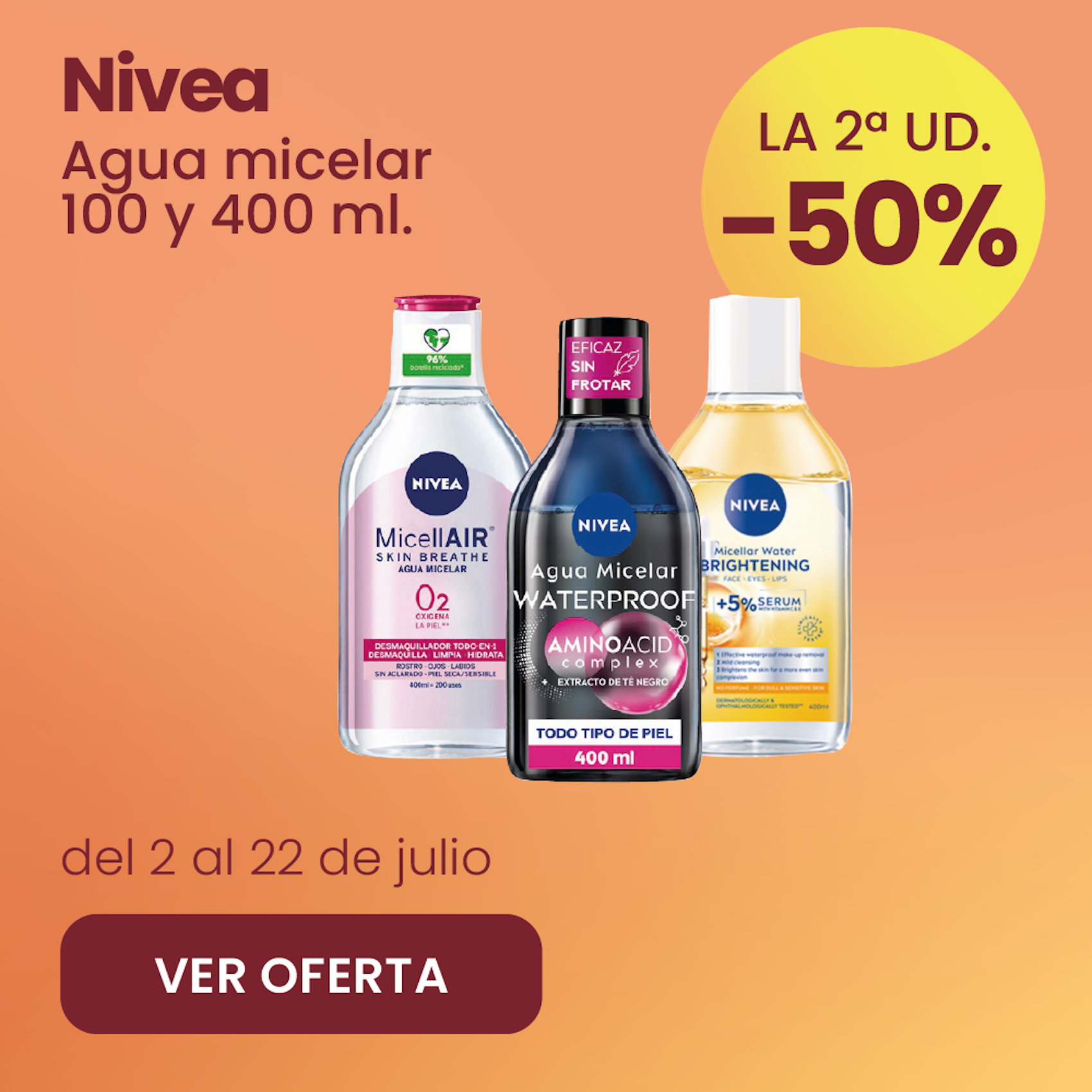 NIVEA AGUA MICELAR TODA LA GAMA -50% la 2ª ud.
