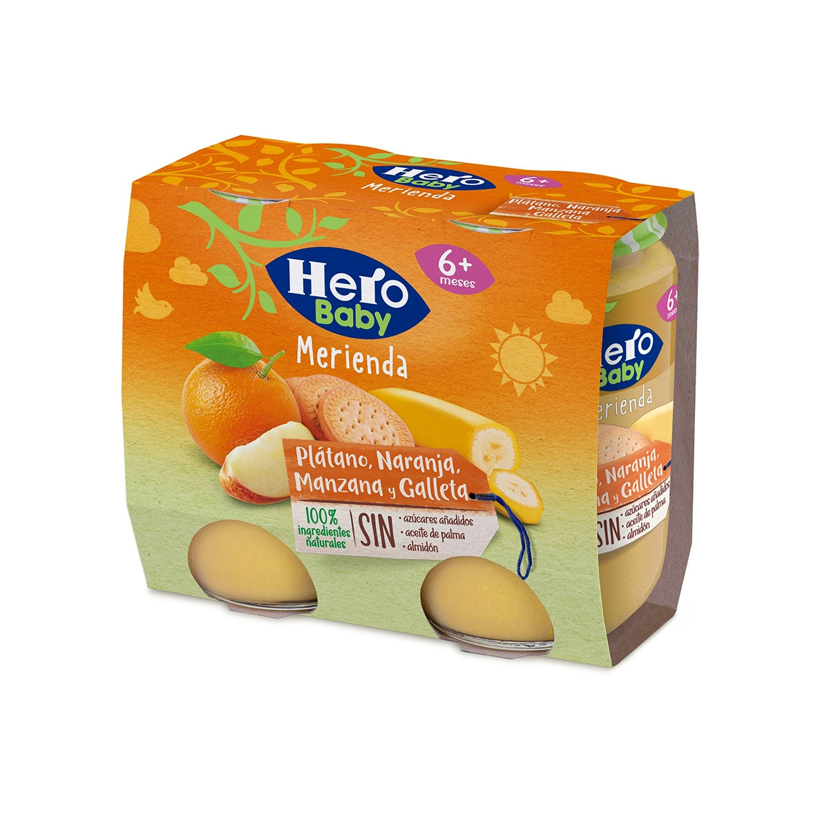 Merienda Plátano, Naranja, Manzana y Galleta Hero Baby 2X190 gr