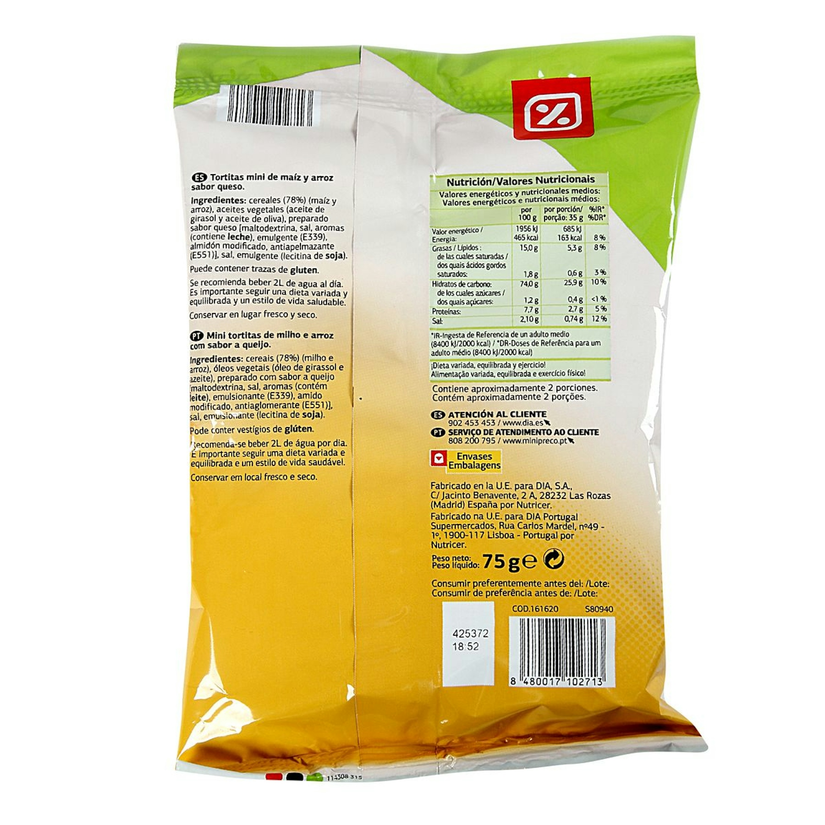 Tortitas sabor queso DIA mini de maíz y arroz bolsa 75 gr