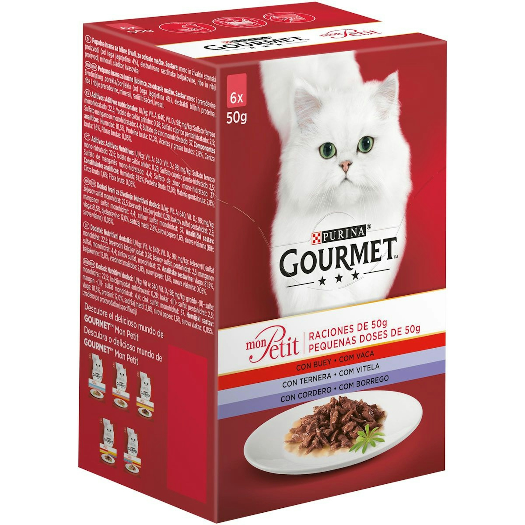 Alimento con buey/ternera GOURMET Mon petit para gatos 6x50 gr