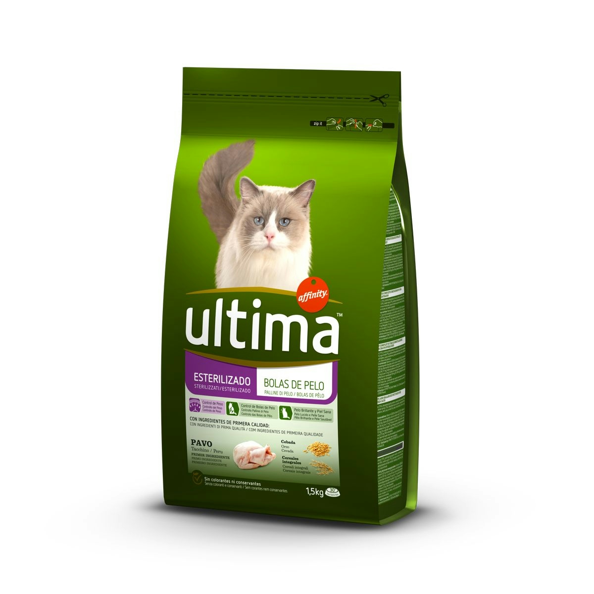 Alimento gatos esterilizados ULTIMA anti bolas de pelo con pavo bolsa 1,5 Kg