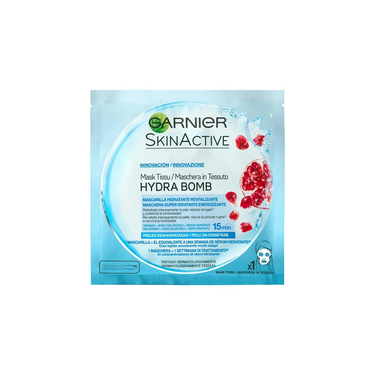 Mascarilla de tela Hydra Bomb hidratante revitalizante con ácido hialurónico y granada antioxidante GARNIER Skin Active