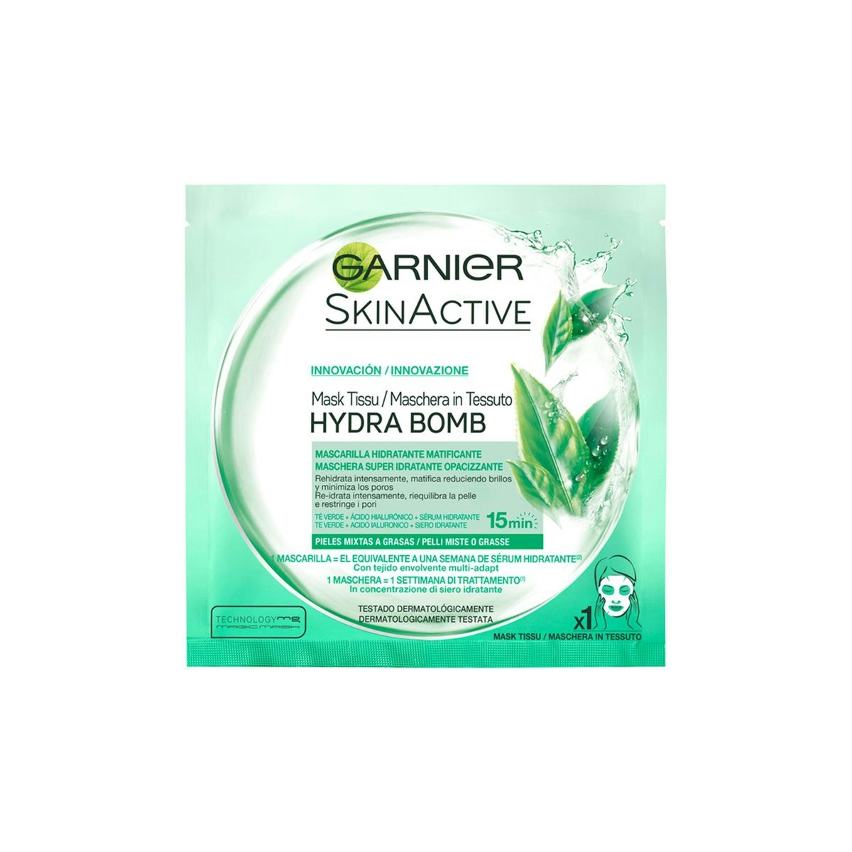 Mascarilla de tela Hydra Bomb hidratante matificante con ácido hialurónico y té verde GARNIER Skin Active