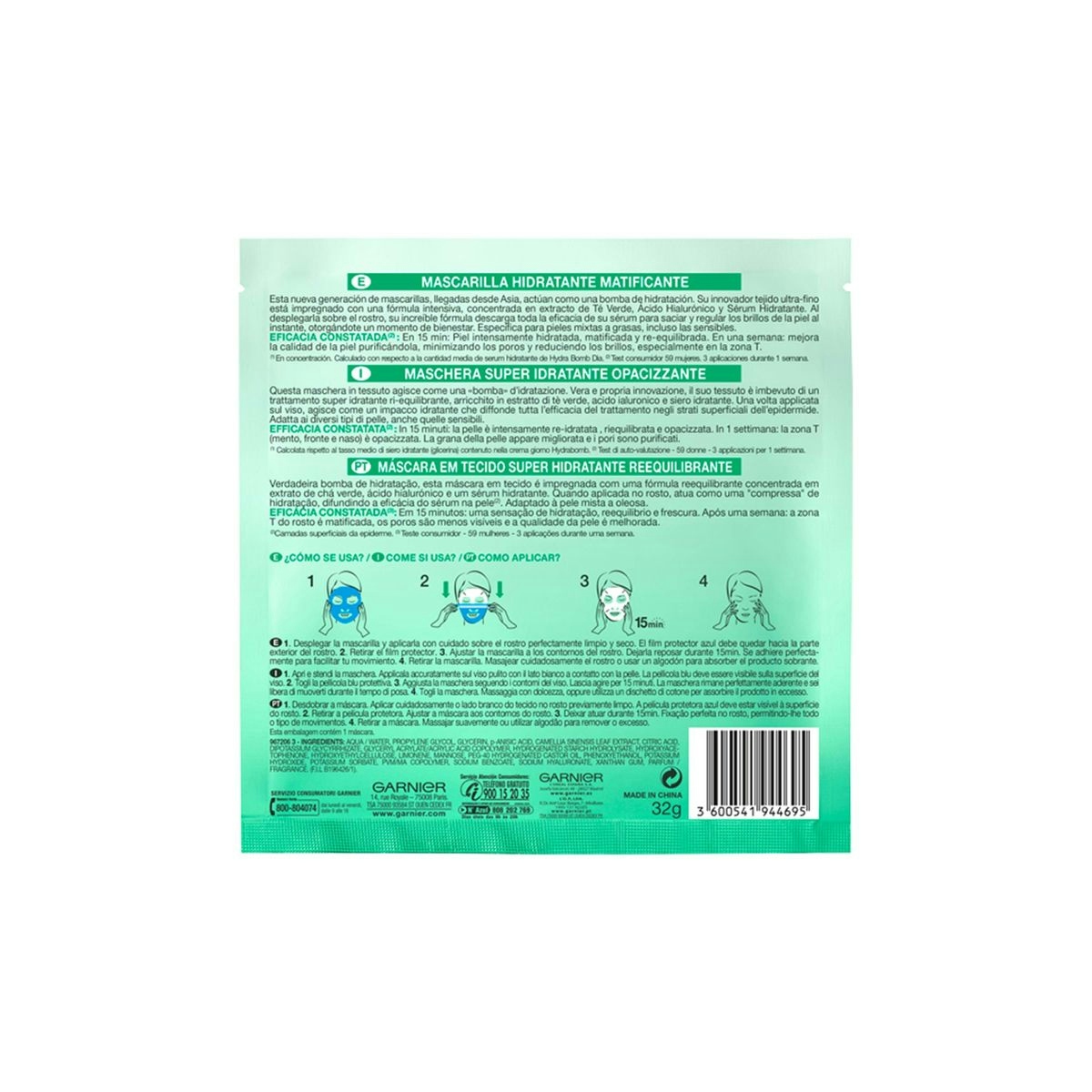 Mascarilla de tela Hydra Bomb hidratante matificante con ácido hialurónico y té verde GARNIER Skin Active