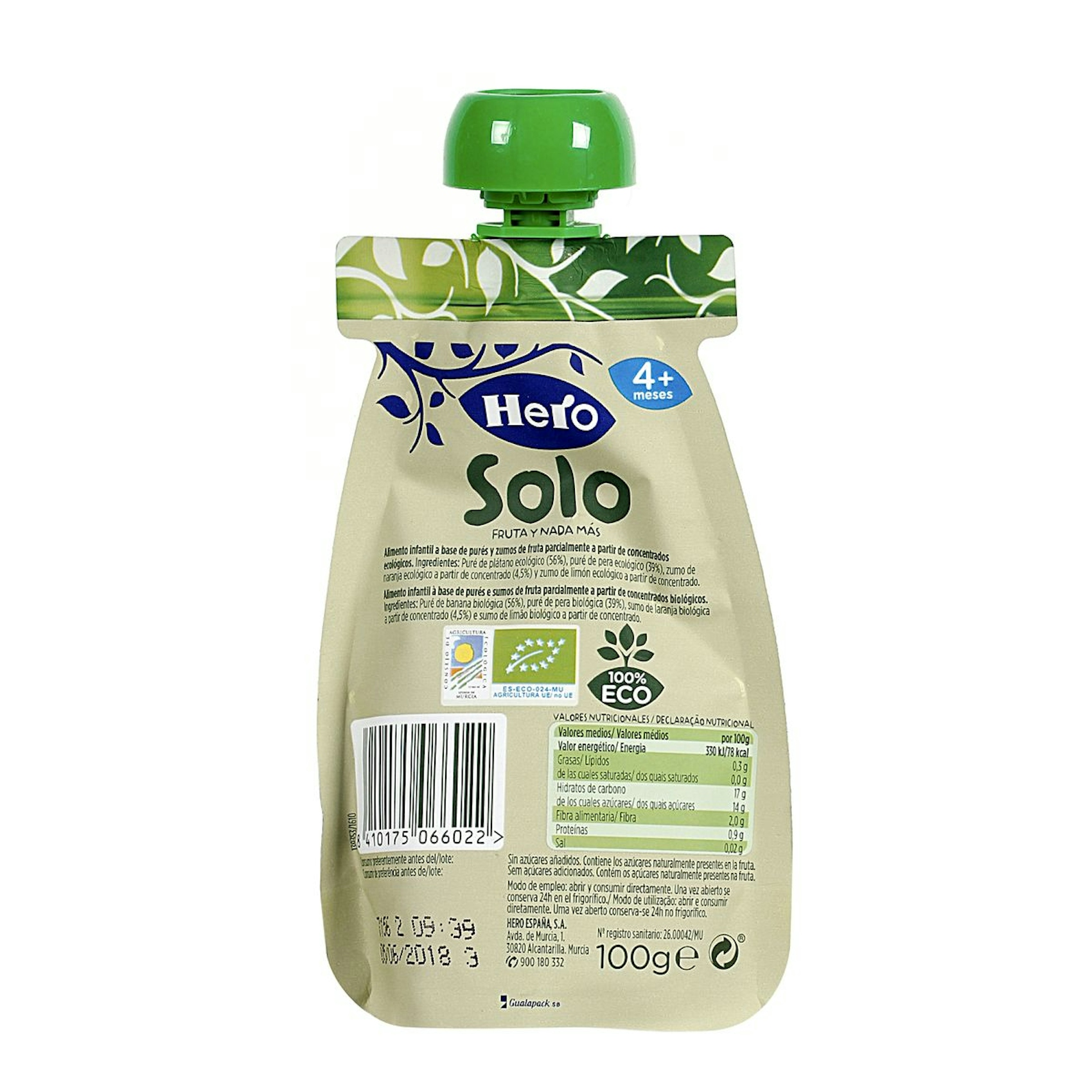 Papillas de frutas HERO Baby Solo pera, plátano y naranja 100% ecológica pouch 100 gr