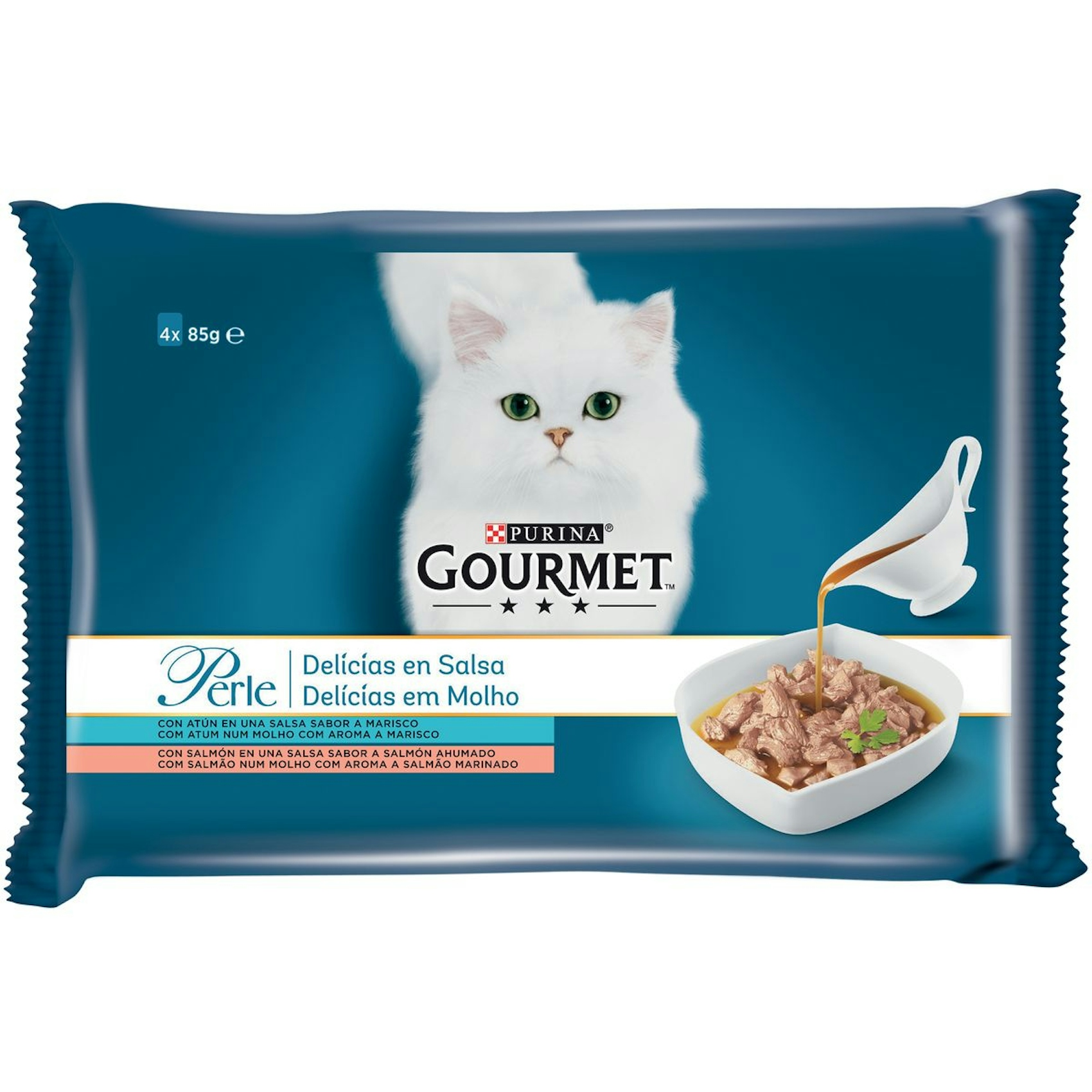 Alimento para gatos GOURMET perle con atún en salsa pack 4x85 gr