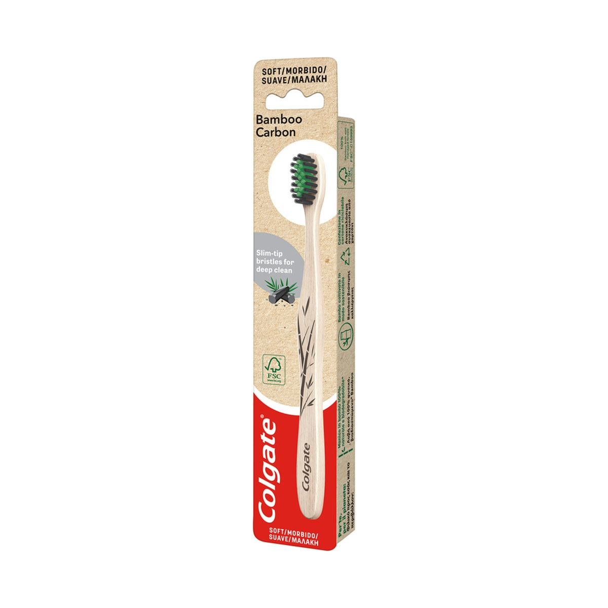 Cepillo de dientes Colgate Bambú Carbón con filamentos impregnados de carbón, suave