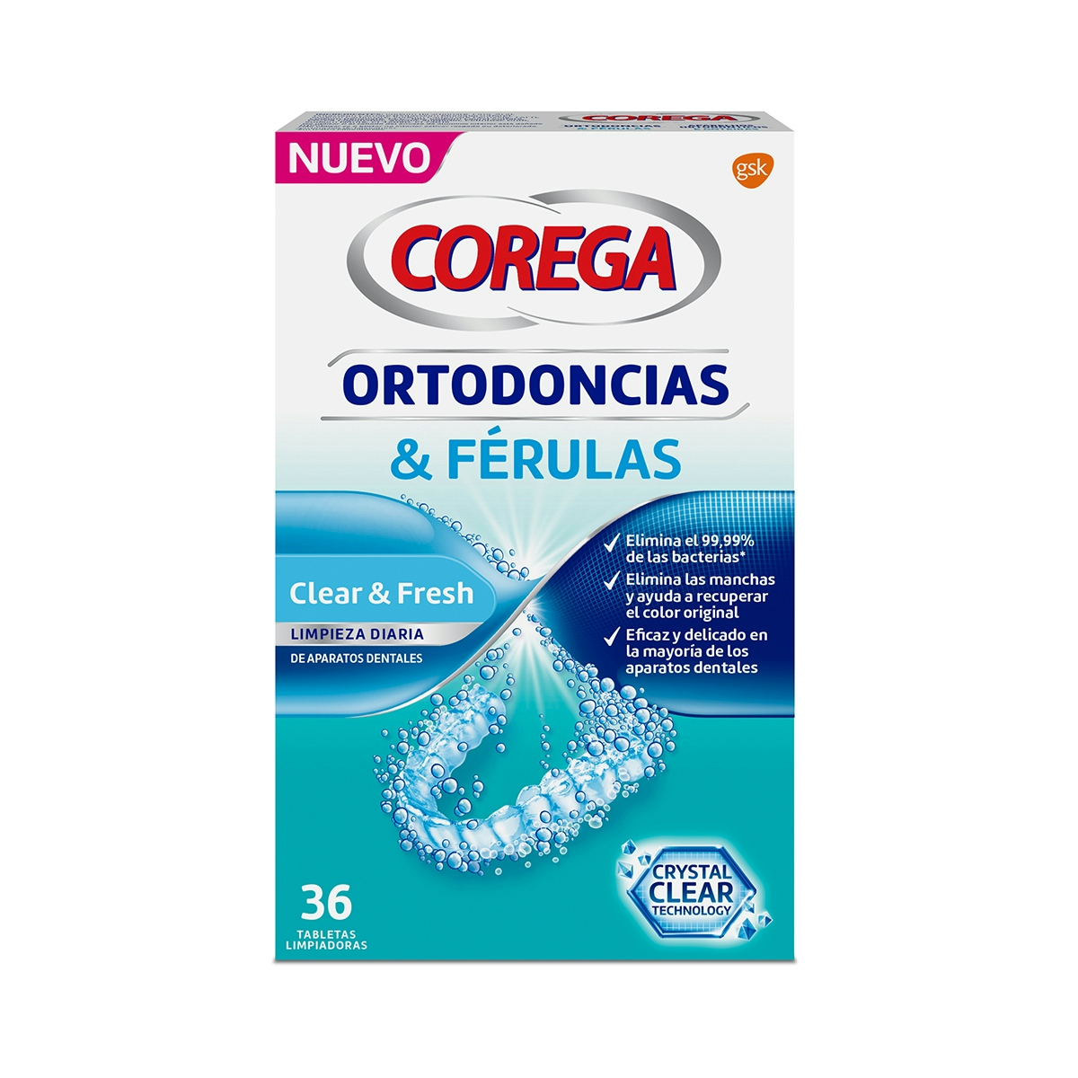 Tabletas limpiadoras Clear&Fresch para ortodoncia y férulas Corega 36 uds
