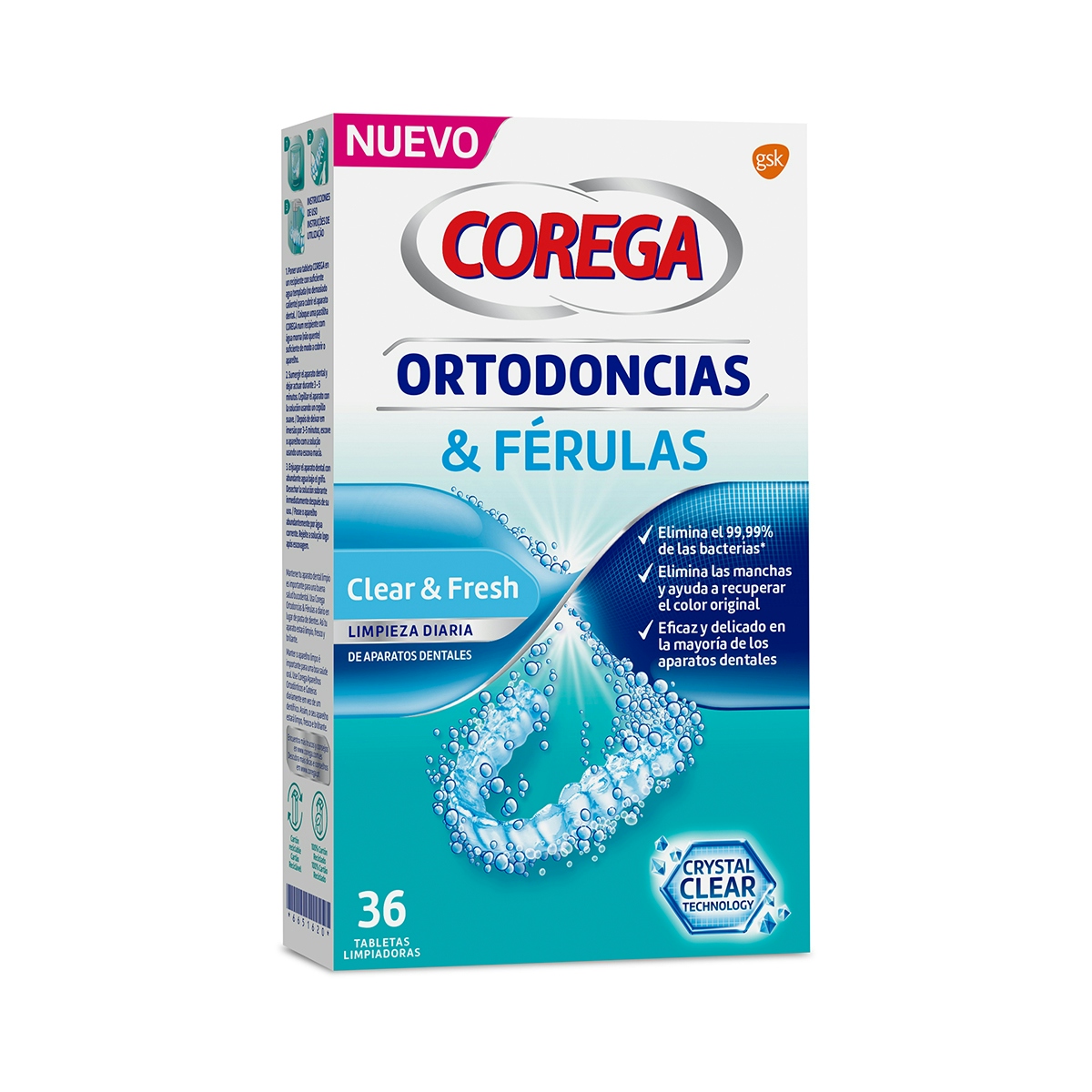 Tabletas limpiadoras Clear&Fresch para ortodoncia y férulas Corega 36 uds