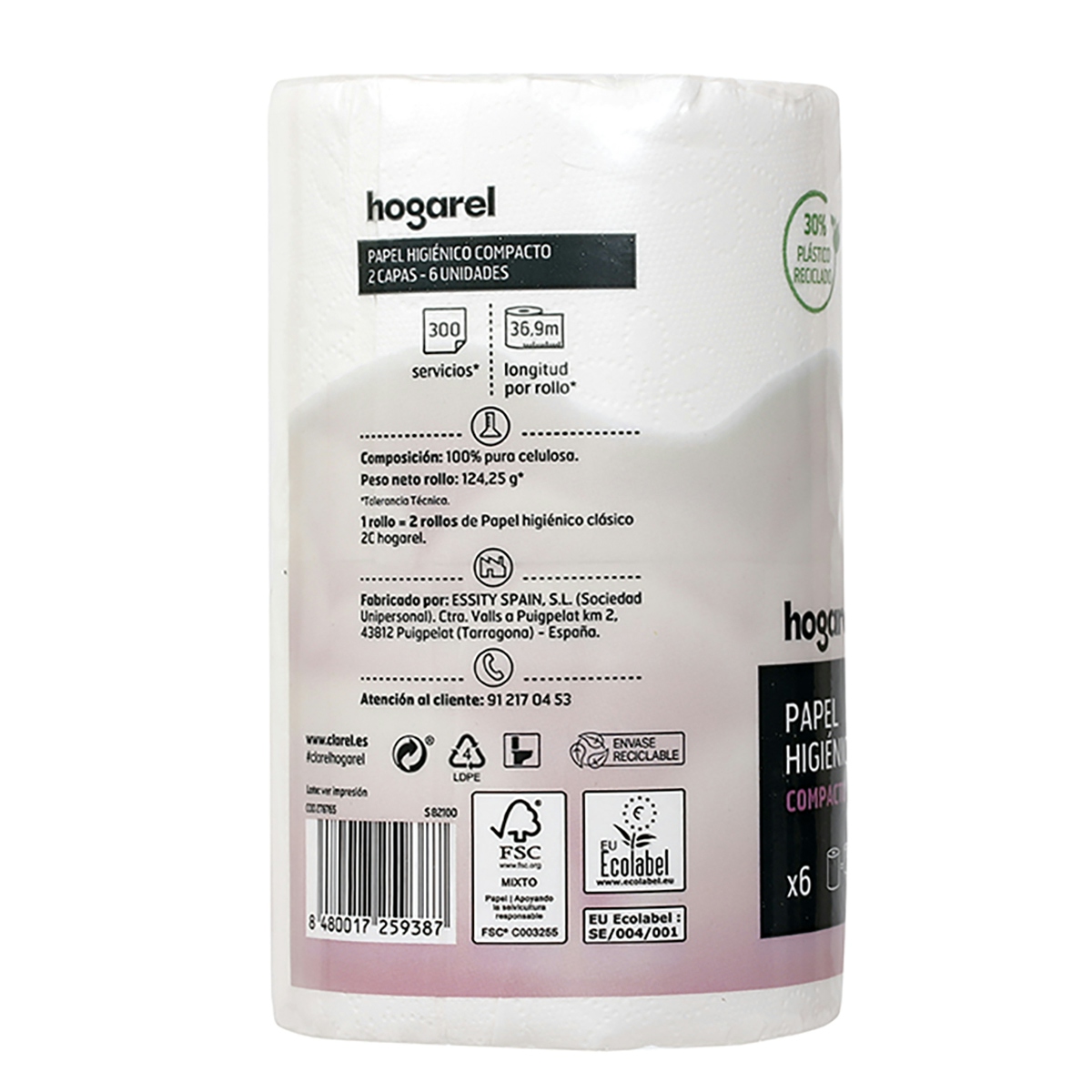 Papel higiénico compacto 2 capas HOGAREL 6 uds