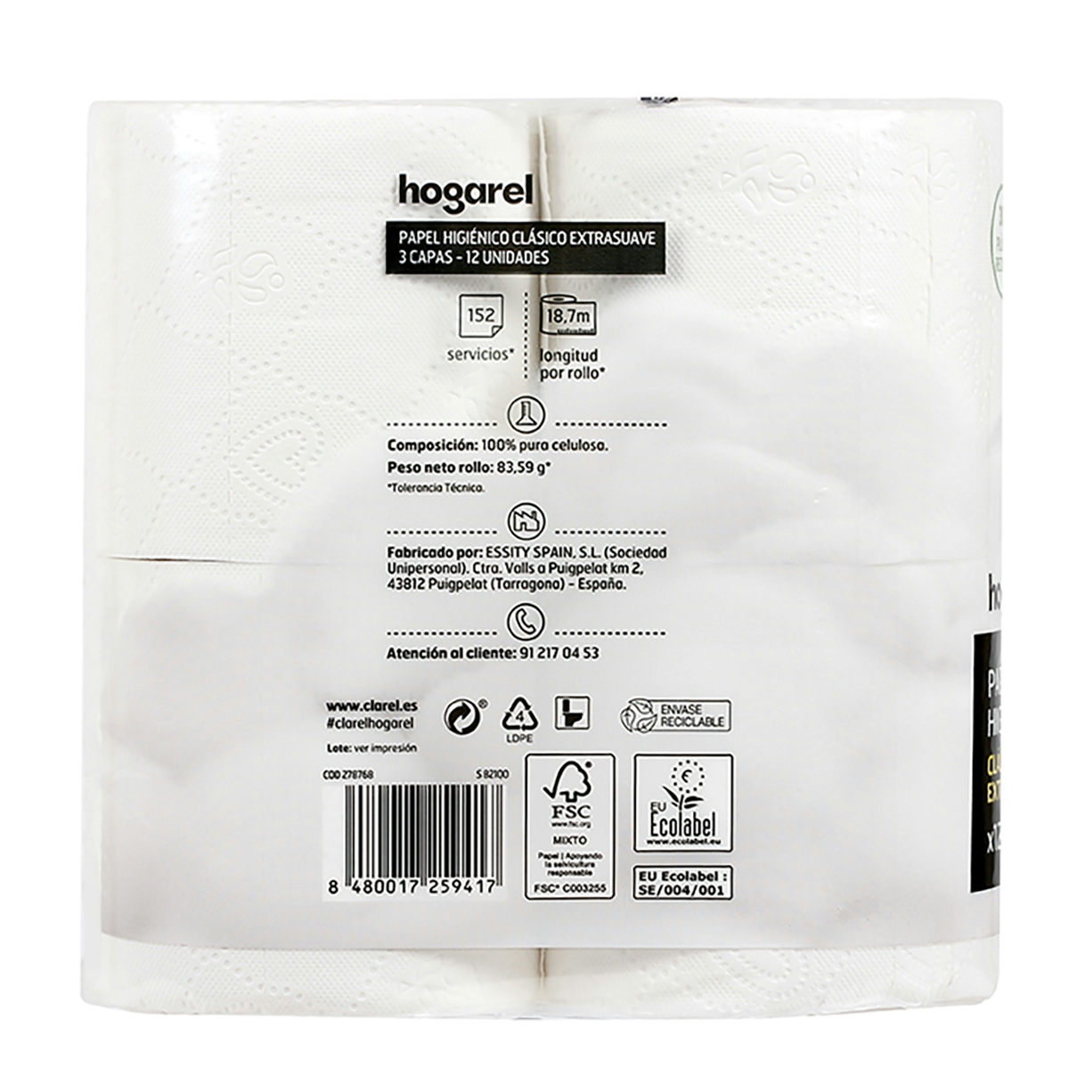 Papel higiénico clásico no compacto 3 capas HOGAREL 12 uds