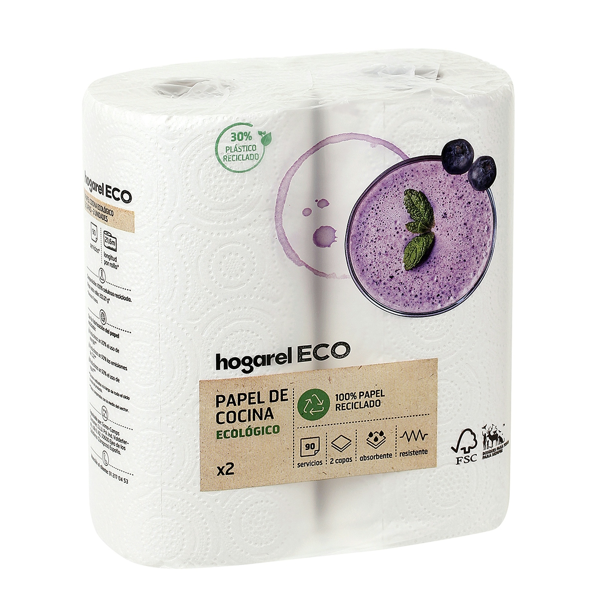 Papel de Cocina compacto Reciclado HOGAREL Eco 2 uds