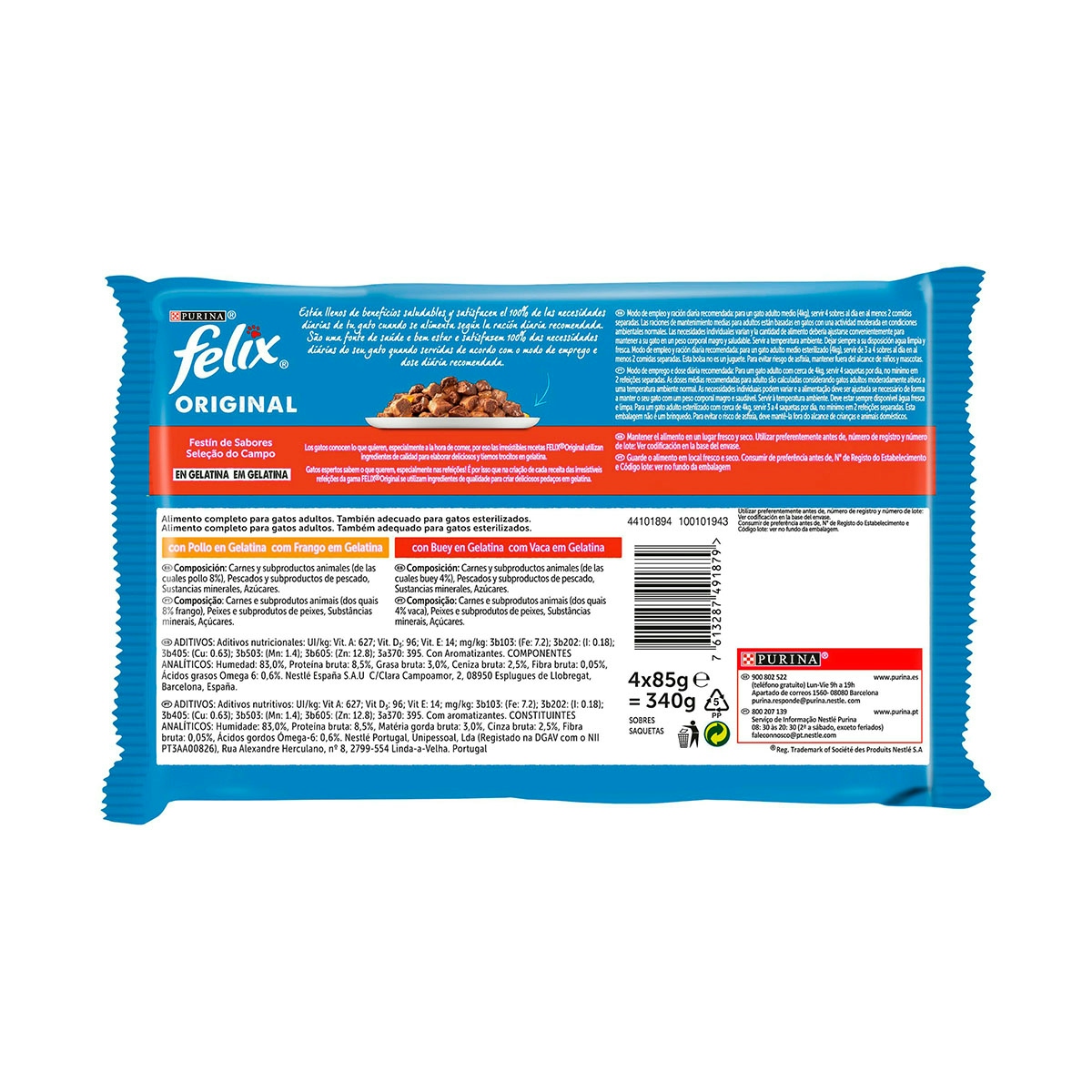 Alimento húmedo gatos de gelatina sabor carne Felix pack 4 x 85 g
